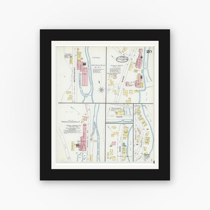 Old map wall art mockup — black gallery frame with white mat — Sanborn Fire Insurance Map from Fitchburg, Worcester County, Massachusetts (1892), Sheet #0020