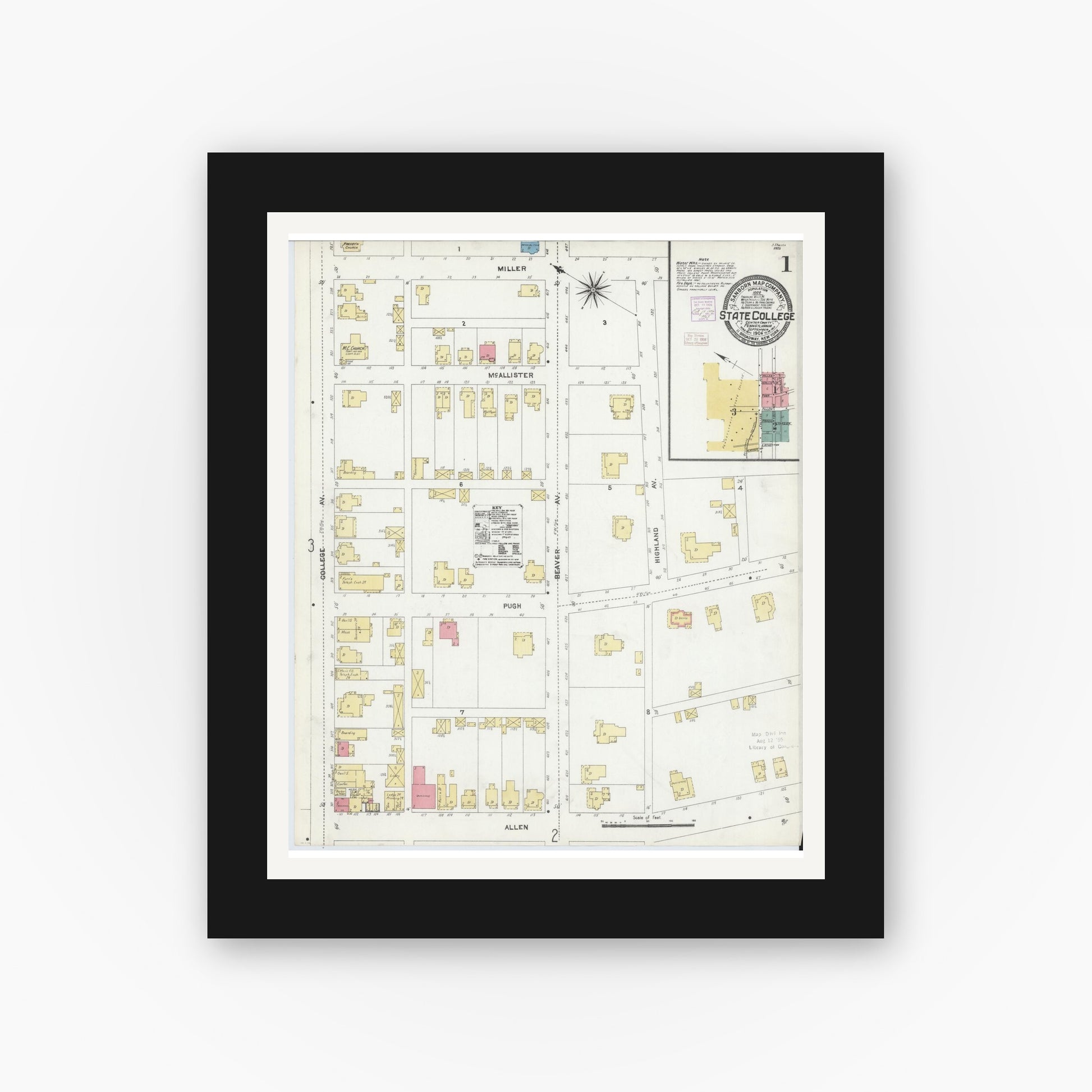 Old map wall art mockup — black gallery frame with white mat — Sanborn Fire Insurance Map from State College, Centre County, Pennsylvania (1906) - Complete Map Set