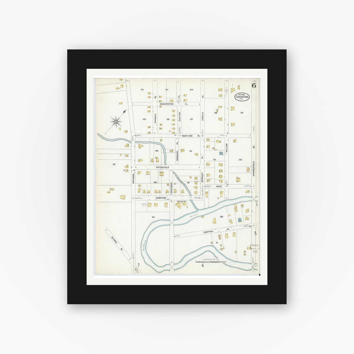 Old map wall art mockup — black gallery frame with white mat — Sanborn Fire Insurance Map from Cranford, Union County, New Jersey (1908), Sheet #0006