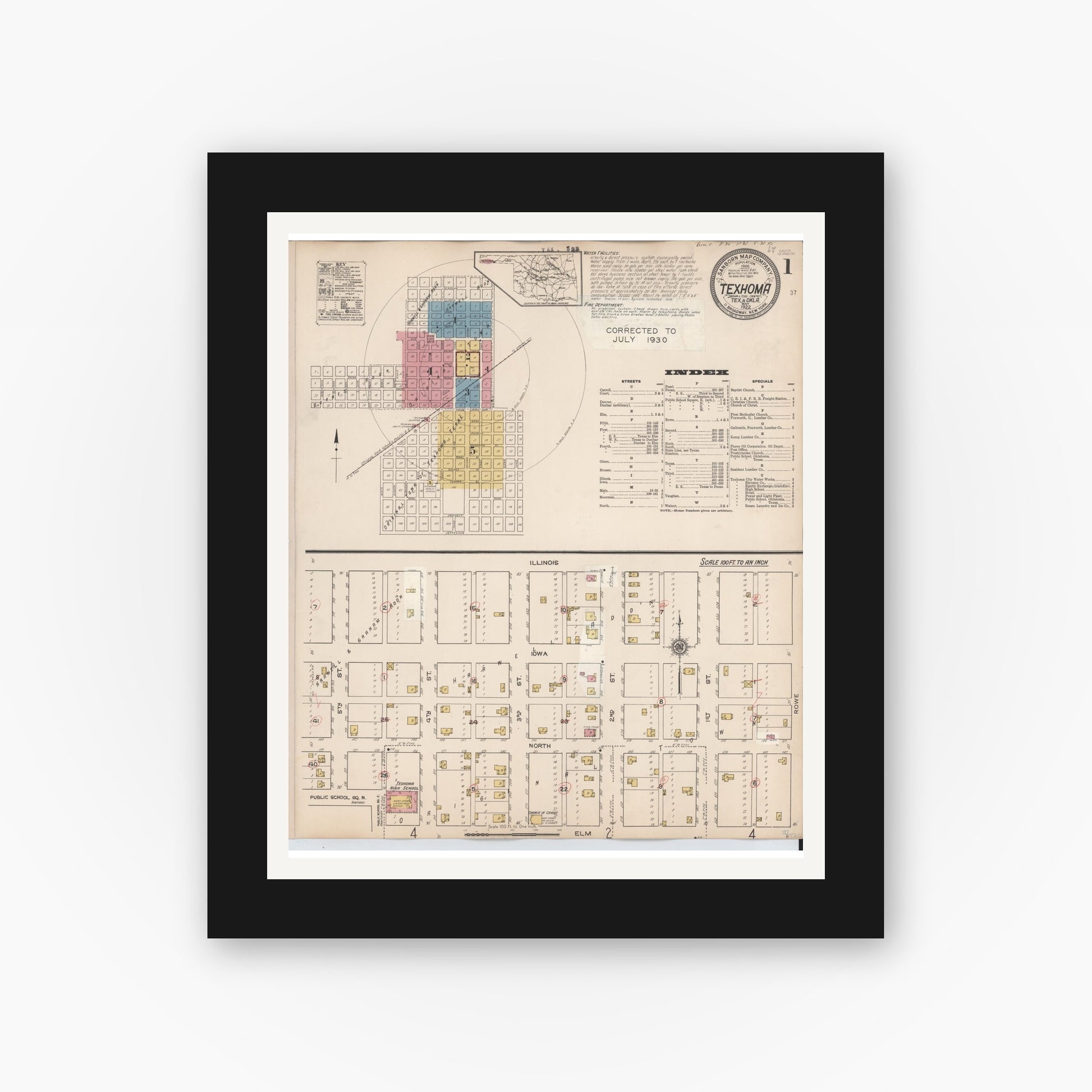 Old map wall art mockup — black gallery frame with white mat — Sanborn Fire Insurance Map from Texhoma, Texas County, Oklahoma and Sherman County, Texas, Texas (1930) - Complete Map Set