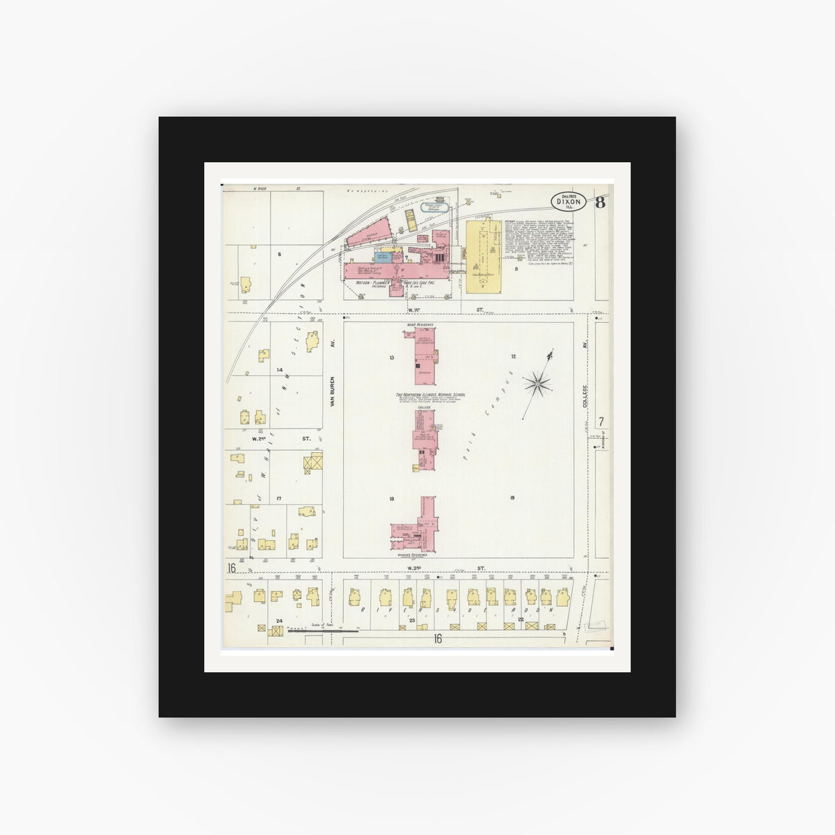 Old map wall art mockup — black gallery frame with white mat — Sanborn Fire Insurance Map from Dixon, Lee County, Illinois (1902), Sheet #0008