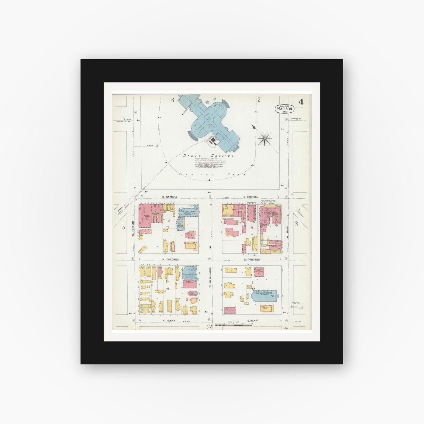 Old map wall art mockup — black gallery frame with white mat — Sanborn Fire Insurance Map from Madison, Dane County, Wisconsin (1902), Sheet #0004