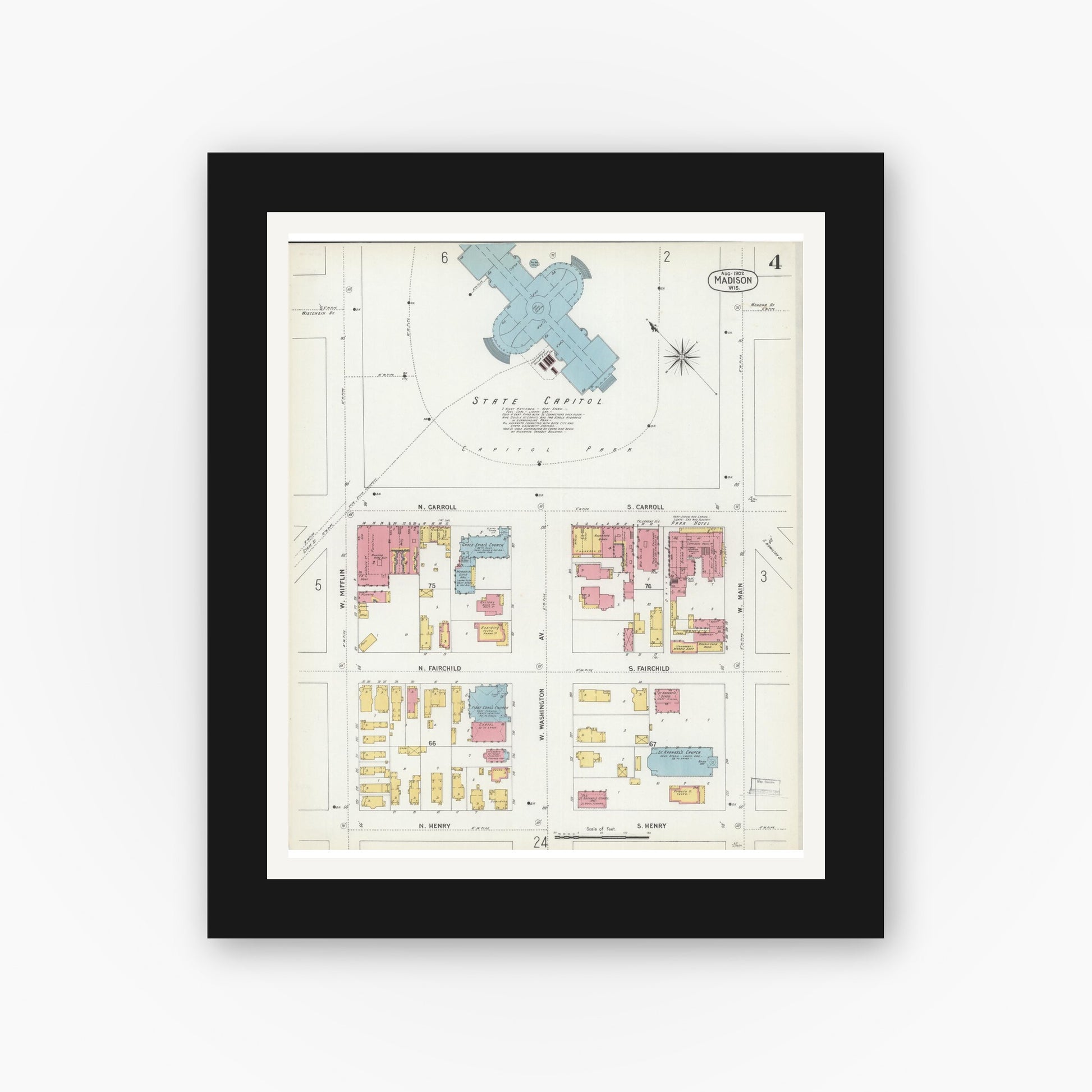 Old map wall art mockup — black gallery frame with white mat — Sanborn Fire Insurance Map from Madison, Dane County, Wisconsin (1902), Sheet #0004