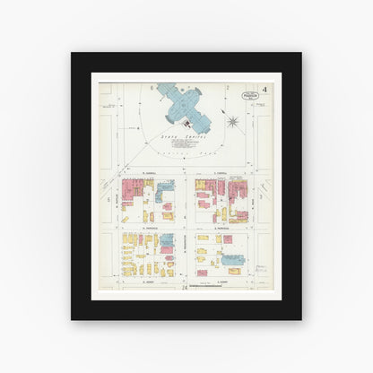 Old map wall art mockup — black gallery frame with white mat — Sanborn Fire Insurance Map from Madison, Dane County, Wisconsin (1902), Sheet #0004