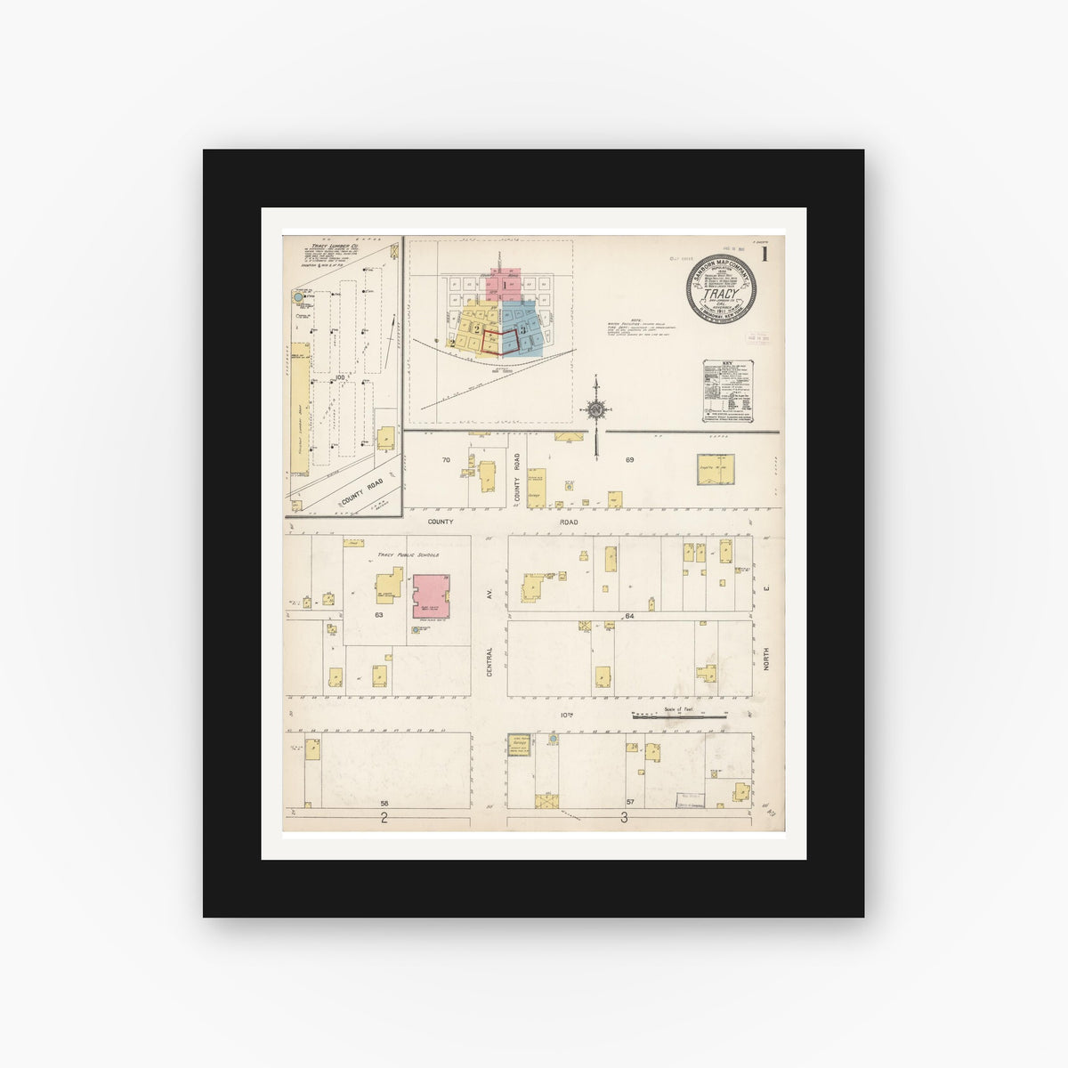 Old map wall art mockup — black gallery frame with white mat — Sanborn Fire Insurance Map from Tracy, San Joaquin County, California (1911) - Complete Map Set