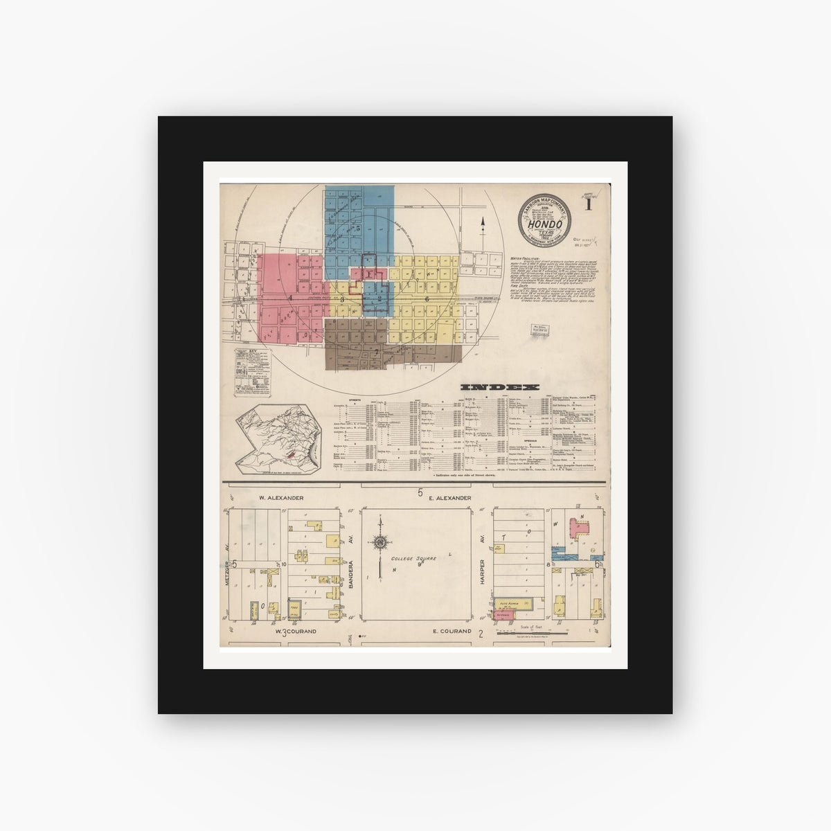 Old map wall art mockup — black gallery frame with white mat — Sanborn Fire Insurance Map from Hondo, Medina County, Texas (1922) - Complete Map Set