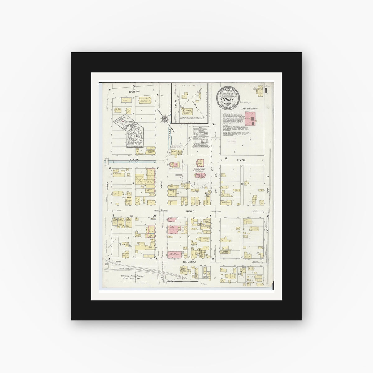 Old map wall art mockup — black gallery frame with white mat — Sanborn Fire Insurance Map from L'Anse, Baraga County, Michigan (1914), Sheet #0001