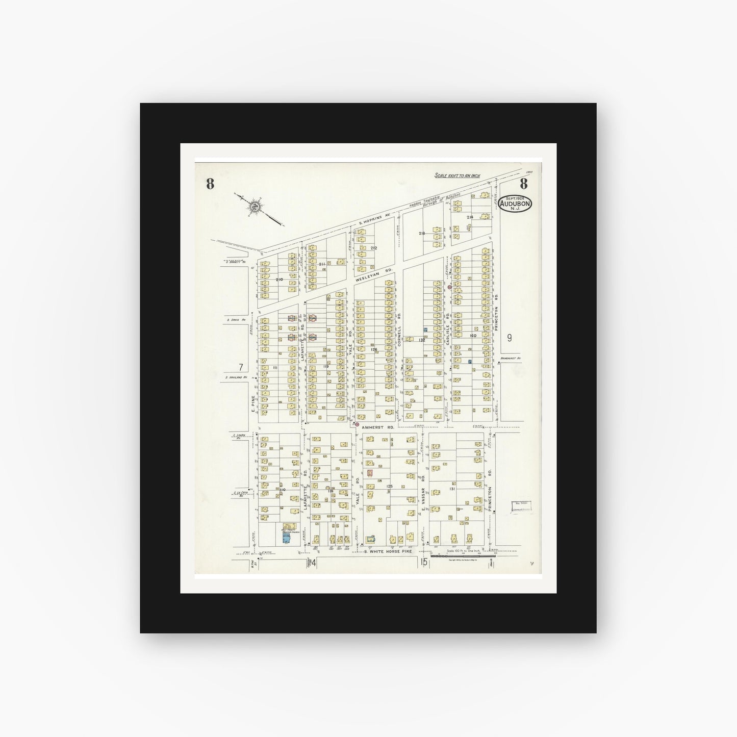 Old map wall art mockup — black gallery frame with white mat — Sanborn Fire Insurance Map from Audubon, Camden County, New Jersey (1924), Sheet #0008
