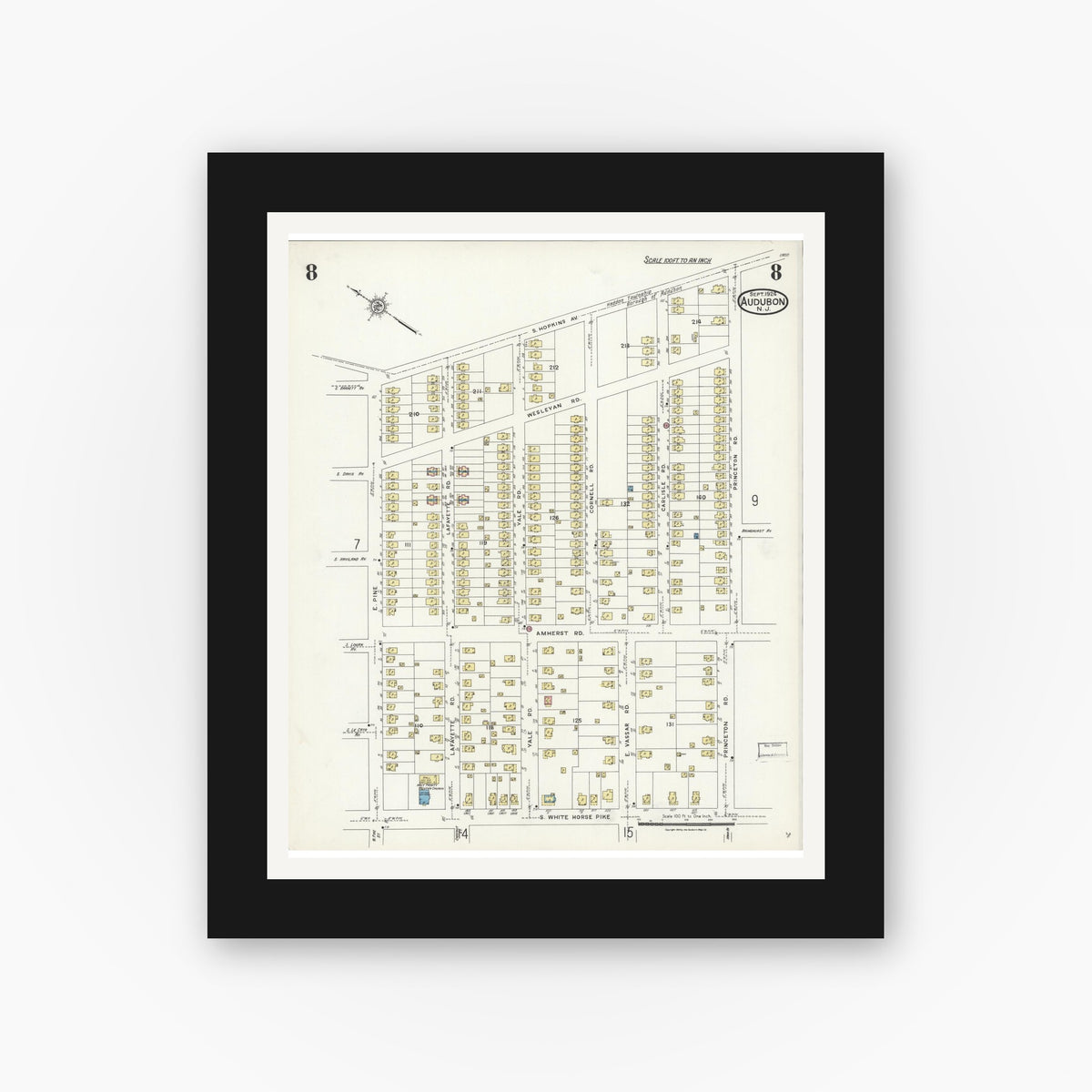 Old map wall art mockup — black gallery frame with white mat — Sanborn Fire Insurance Map from Audubon, Camden County, New Jersey (1924), Sheet #0008