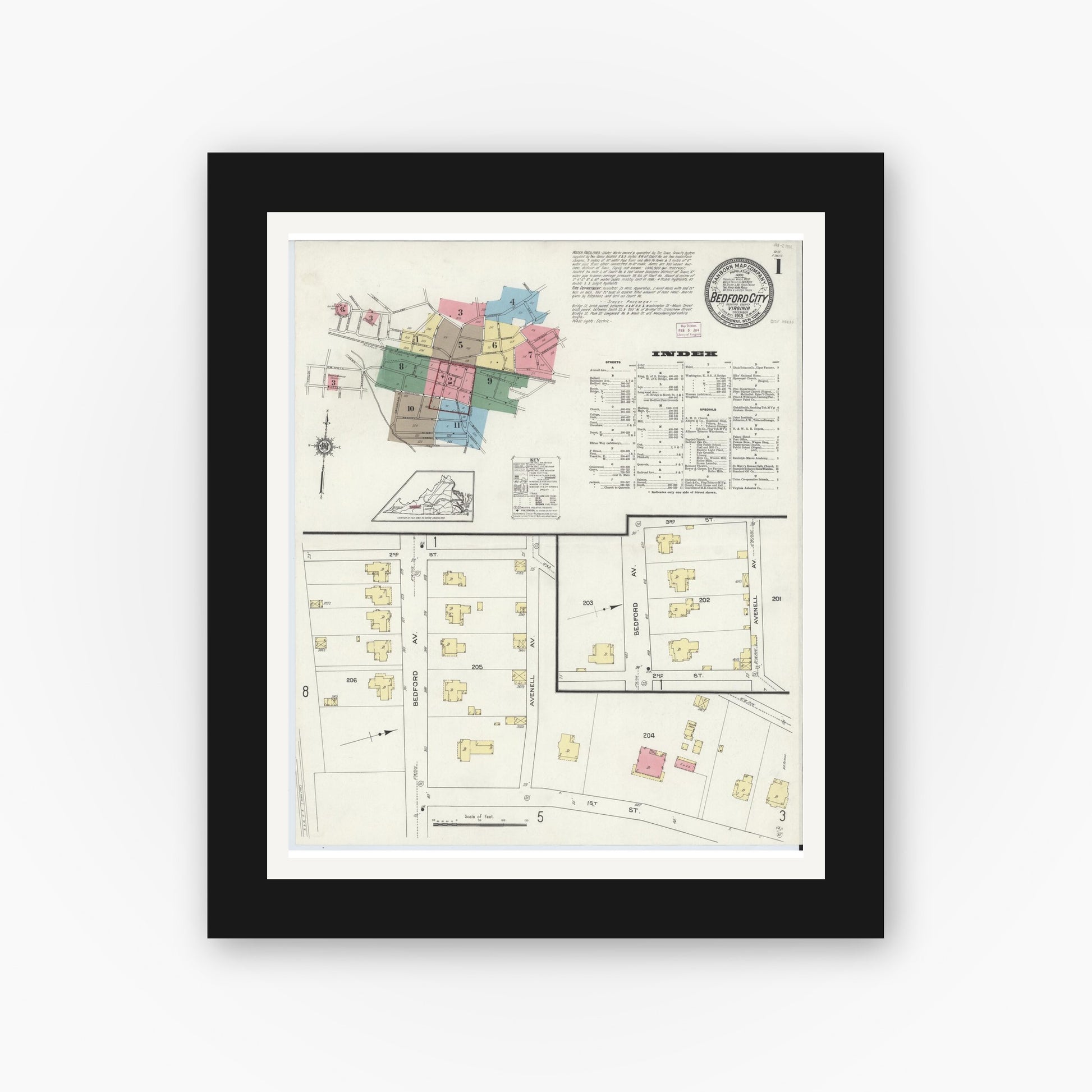Old map wall art mockup — black gallery frame with white mat — Sanborn Fire Insurance Map from Bedford, Independent Cities, Virginia (1913) - Complete Map Set