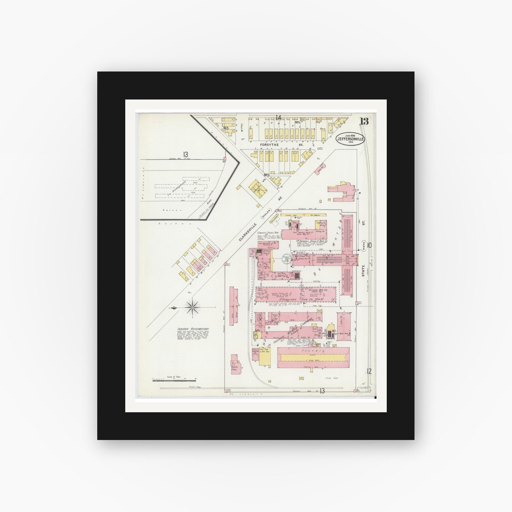 Old map wall art mockup — black gallery frame with white mat — Sanborn Fire Insurance Map from Jeffersonville, Clark County, Indiana (1898), Sheet #0013