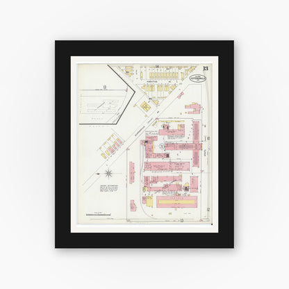 Old map wall art mockup — black gallery frame with white mat — Sanborn Fire Insurance Map from Jeffersonville, Clark County, Indiana (1898), Sheet #0013
