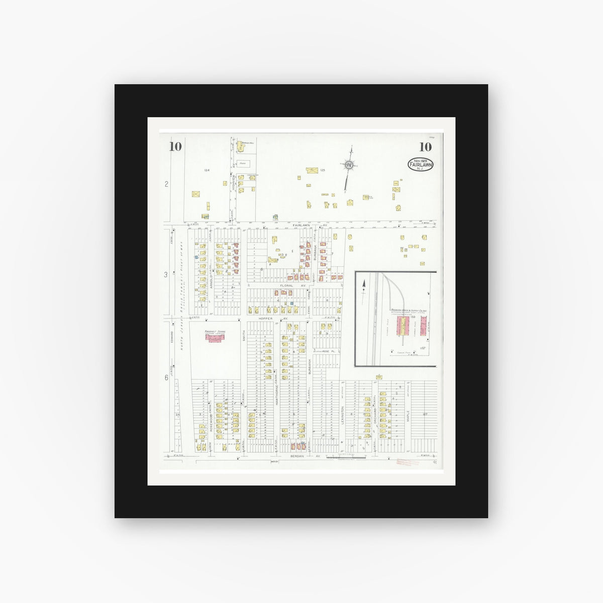 Old map wall art mockup — black gallery frame with white mat — Sanborn Fire Insurance Map from Fair Lawn, Bergen County, New Jersey (1929), Sheet #0010