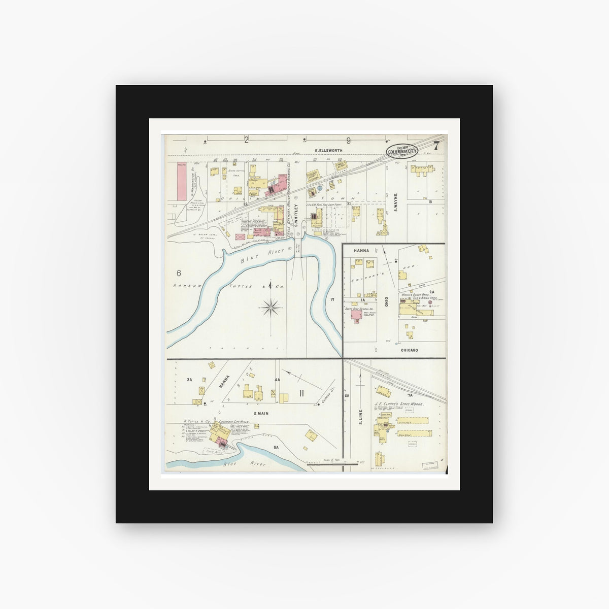 Old map wall art mockup — black gallery frame with white mat — Sanborn Fire Insurance Map from Columbia City, Whitley County, Indiana (1897), Sheet #0007