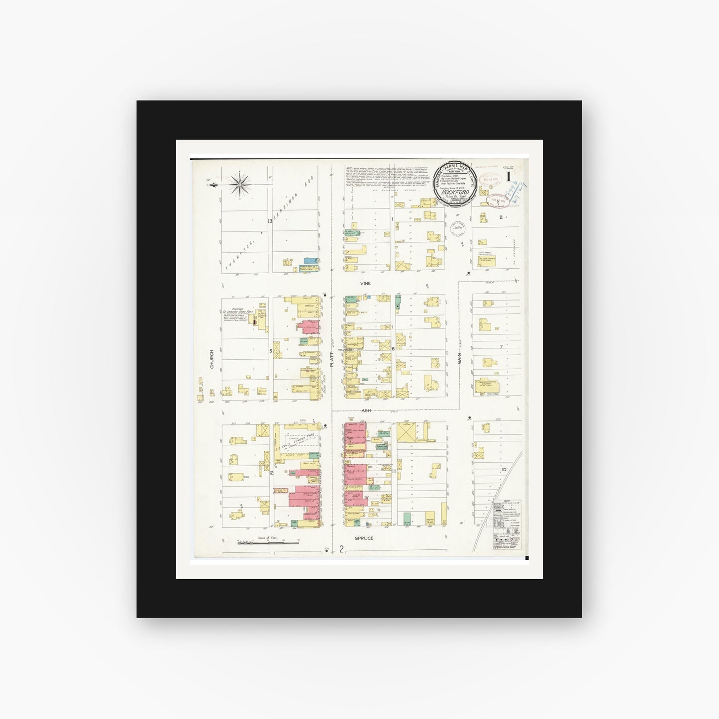 Old map wall art mockup — black gallery frame with white mat — Sanborn Fire Insurance Map from Rockford, Floyd County, Iowa (1899), Sheet #0001