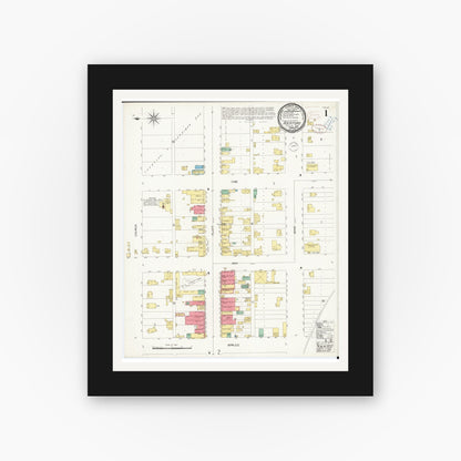 Old map wall art mockup — black gallery frame with white mat — Sanborn Fire Insurance Map from Rockford, Floyd County, Iowa (1899), Sheet #0001