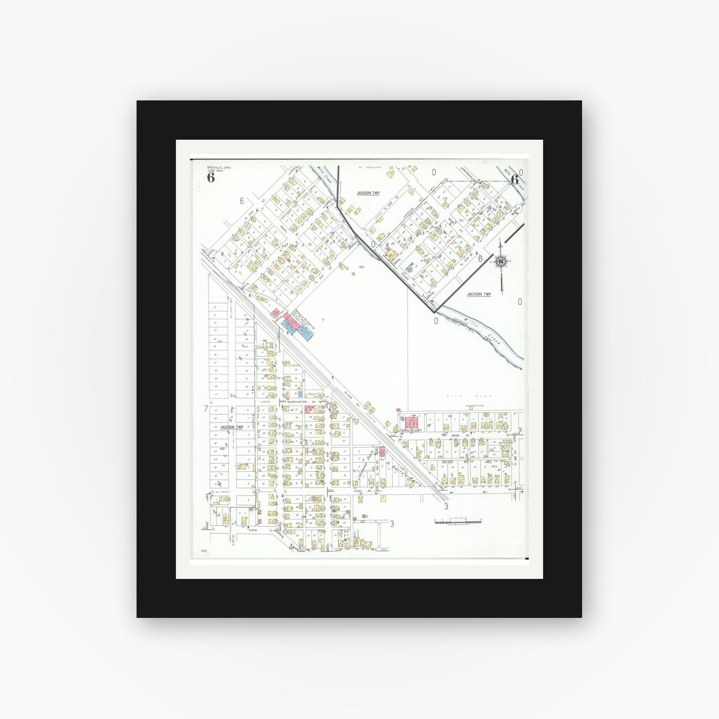 Old map wall art mockup — black gallery frame with white mat — Sanborn Fire Insurance Map from Byesville, Guernsey County, Ohio (1948), Sheet #0006