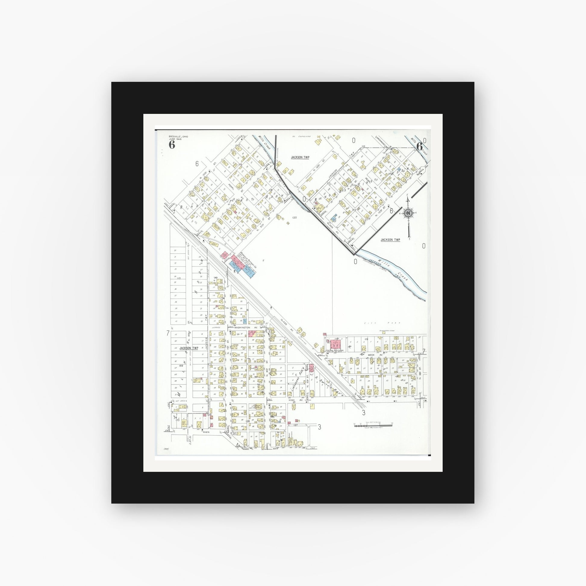 Old map wall art mockup — black gallery frame with white mat — Sanborn Fire Insurance Map from Byesville, Guernsey County, Ohio (1948), Sheet #0006