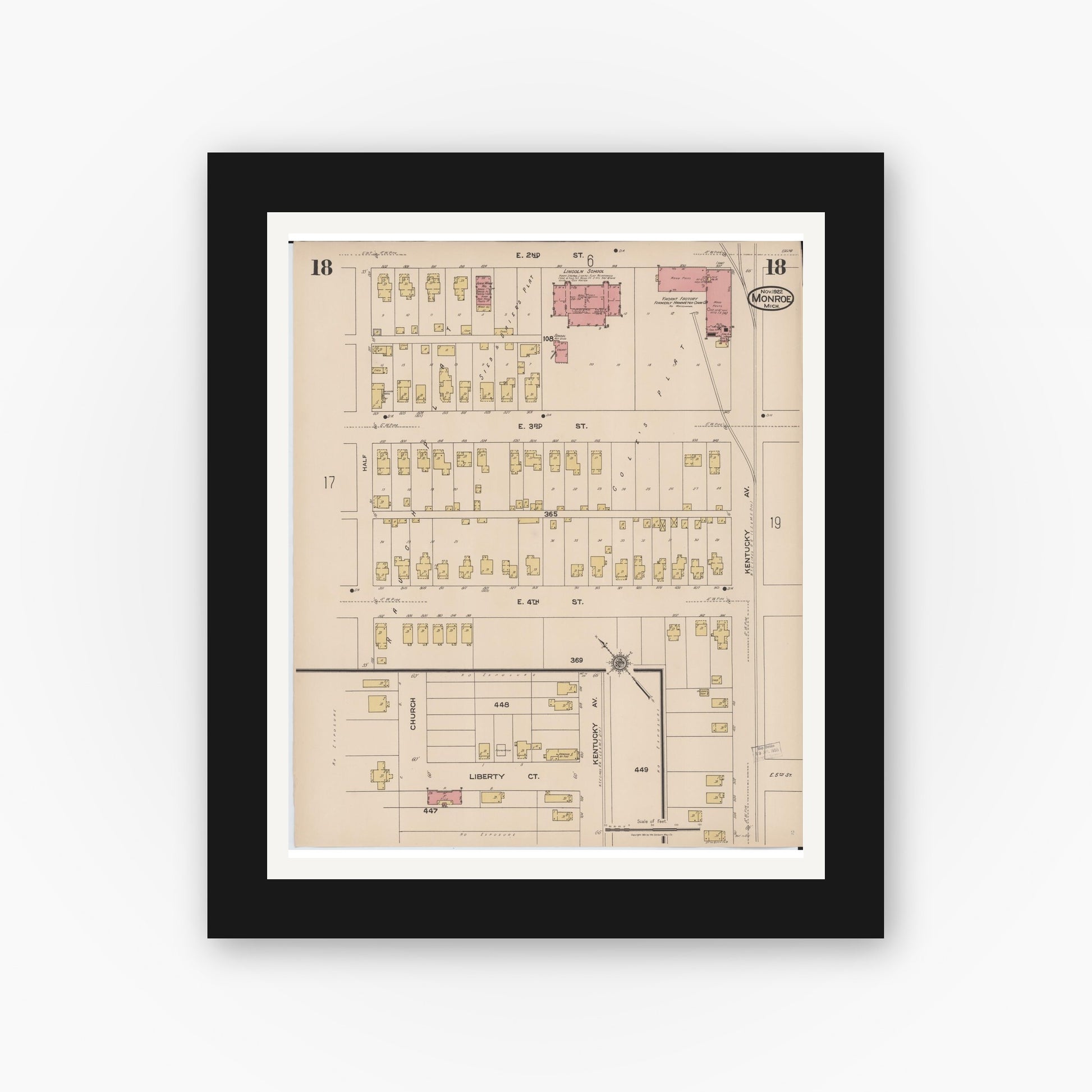 Old map wall art mockup — black gallery frame with white mat — Sanborn Fire Insurance Map from Monroe, Monroe County, Michigan (1922), Sheet #0018