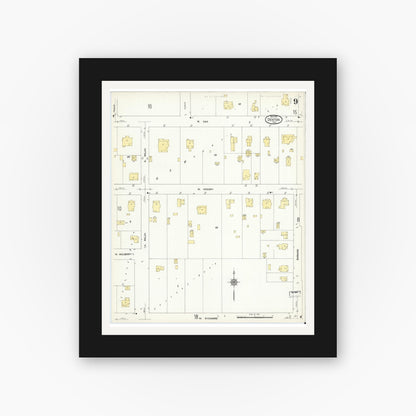 Old map wall art mockup — black gallery frame with white mat — Sanborn Fire Insurance Map from Denton, Denton County, Texas (1912), Sheet #0009