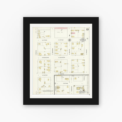 Old map wall art mockup — black gallery frame with white mat — Sanborn Fire Insurance Map from Terrell, Kaufman County, Texas (1909), Sheet #0013