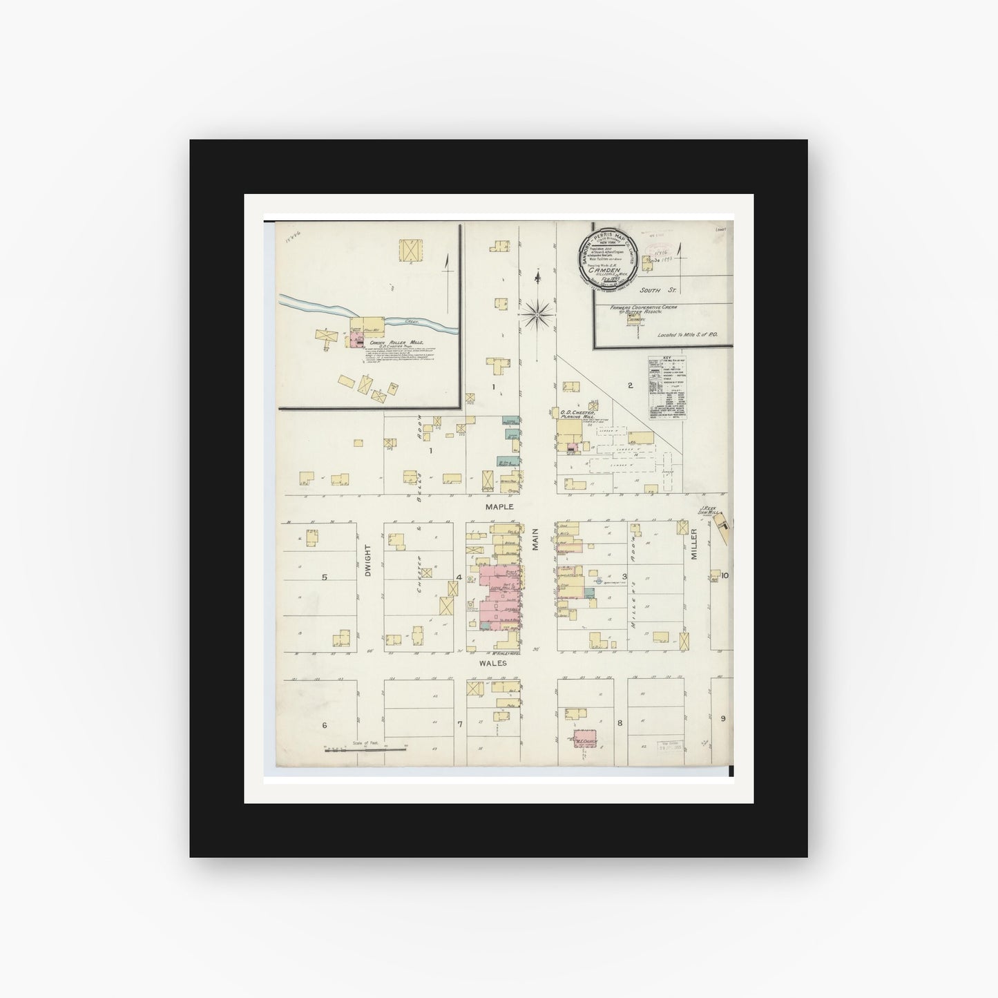 Old map wall art mockup — black gallery frame with white mat — Sanborn Fire Insurance Map from Camden, Hillsdale County, Michigan (1893), Sheet #0001