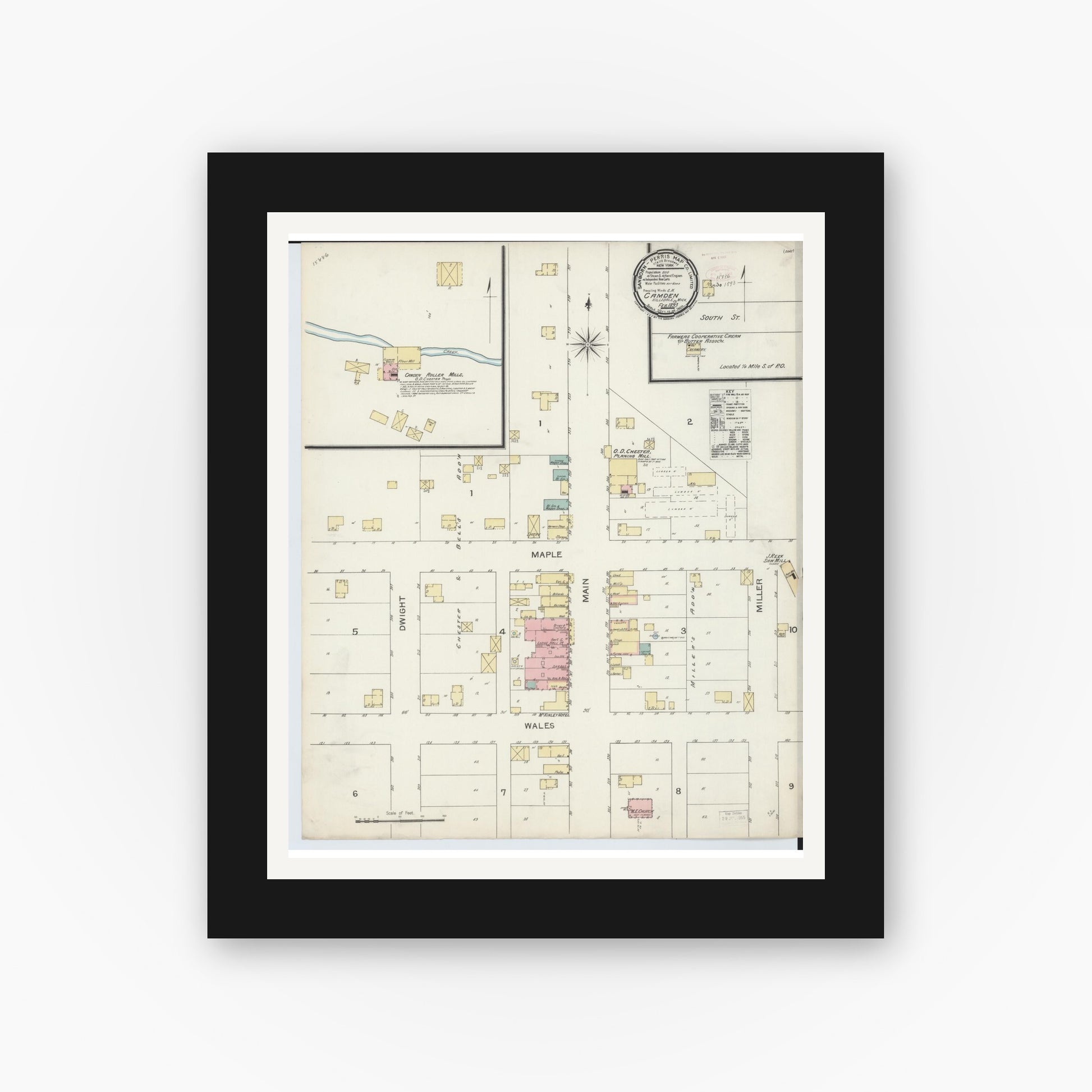 Old map wall art mockup — black gallery frame with white mat — Sanborn Fire Insurance Map from Camden, Hillsdale County, Michigan (1893), Sheet #0001