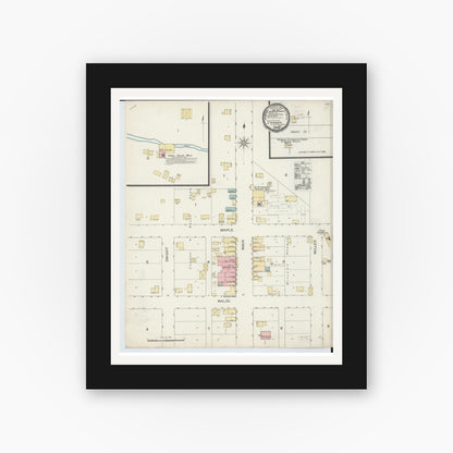 Old map wall art mockup — black gallery frame with white mat — Sanborn Fire Insurance Map from Camden, Hillsdale County, Michigan (1893), Sheet #0001