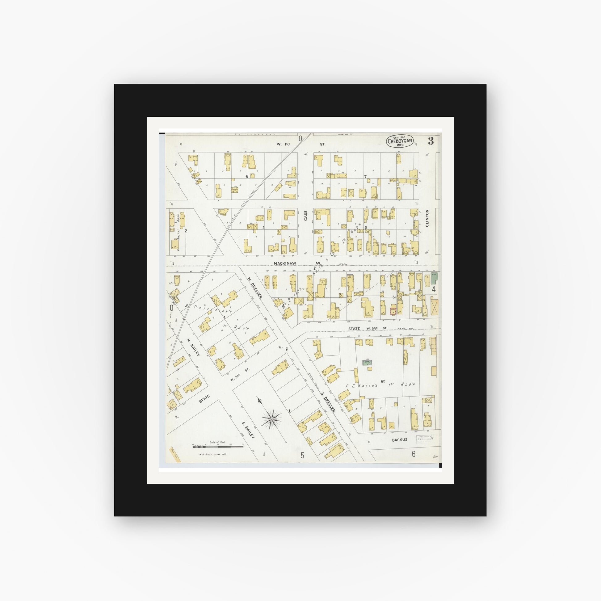 Old map wall art mockup — black gallery frame with white mat — Sanborn Fire Insurance Map from Cheboygan, Cheboygan County, Michigan (1900), Sheet #0003