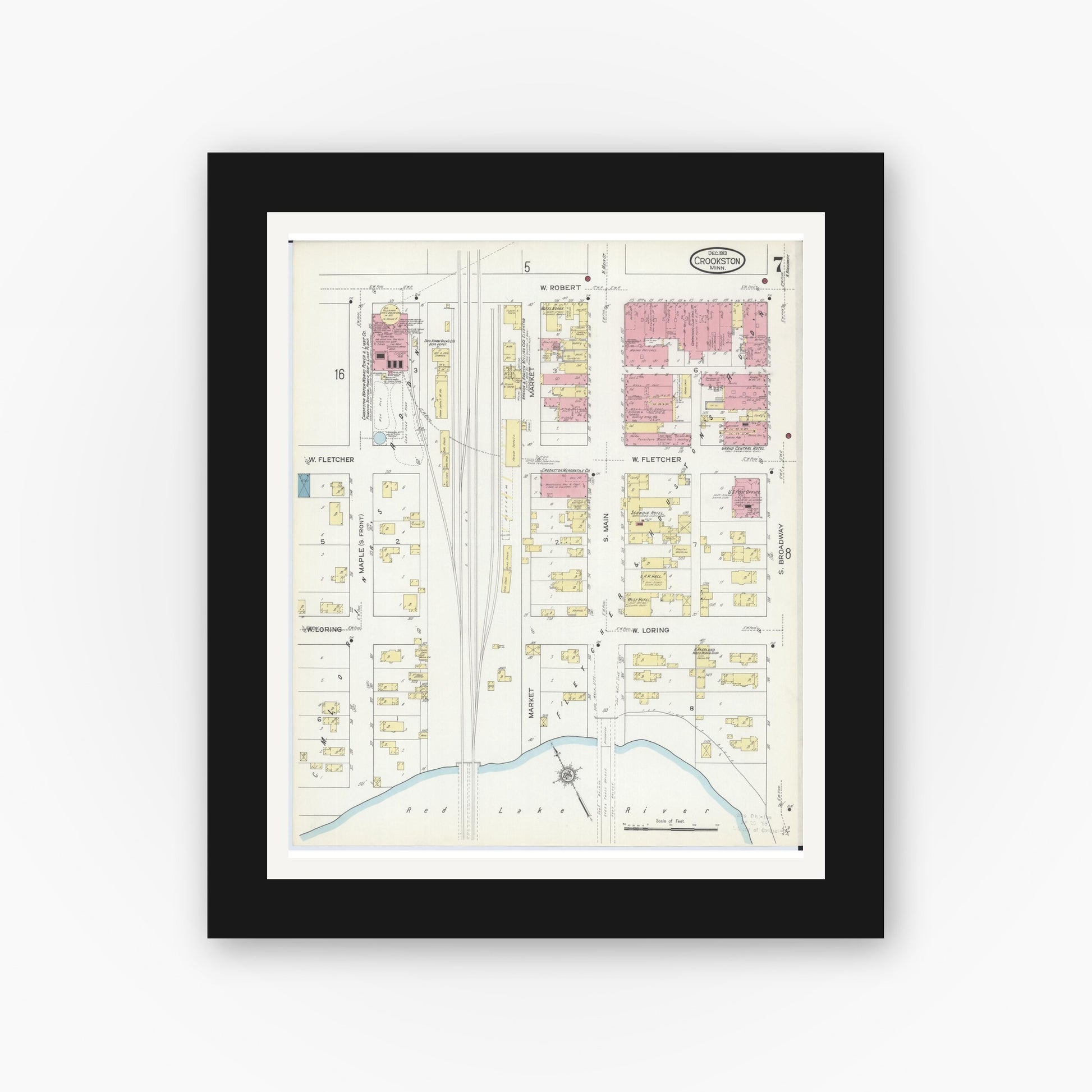 Old map wall art mockup — black gallery frame with white mat — Sanborn Fire Insurance Map from Crookston, Polk County, Minnesota (1913), Sheet #0007