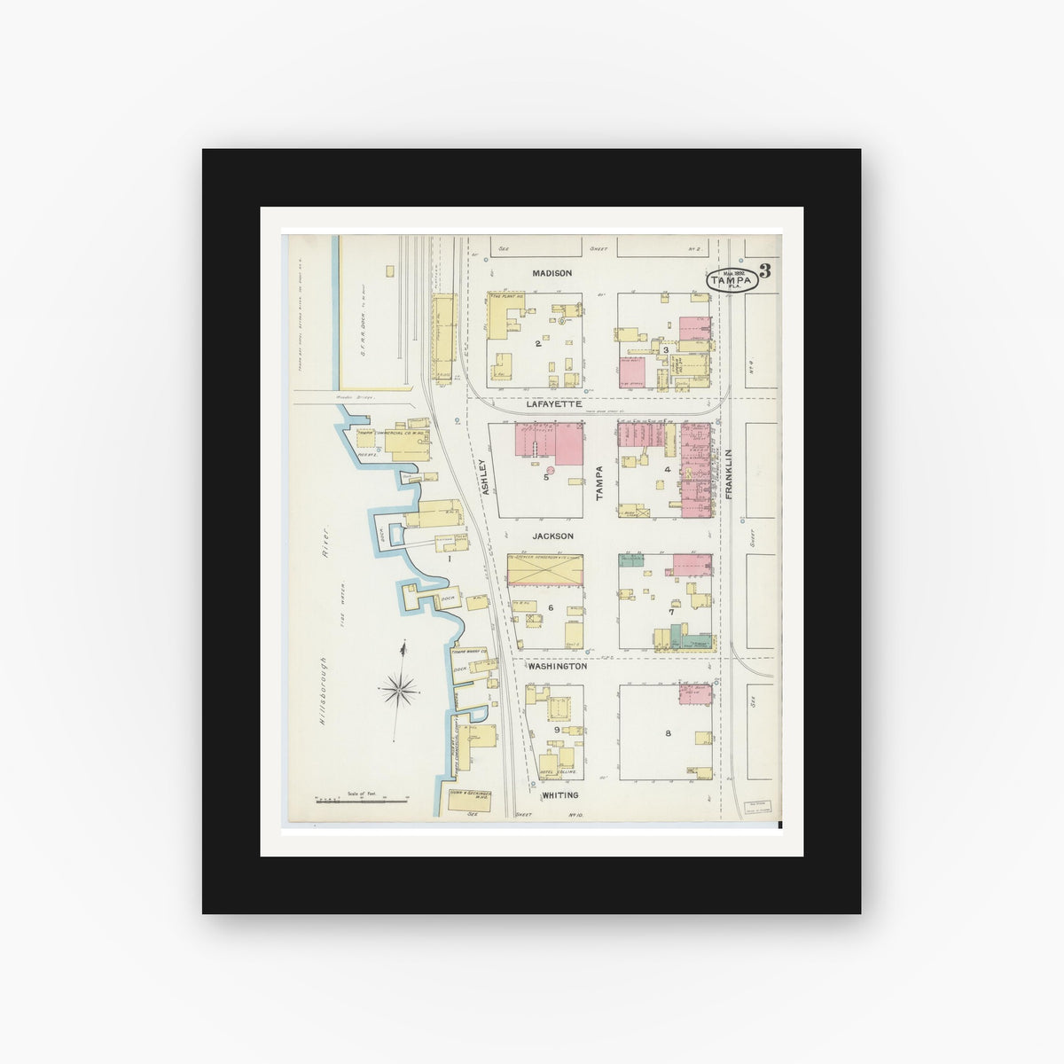 Old map wall art mockup — black gallery frame with white mat — Sanborn Fire Insurance Map from Tampa, Hillsborough County, Florida (1892), Sheet #0003