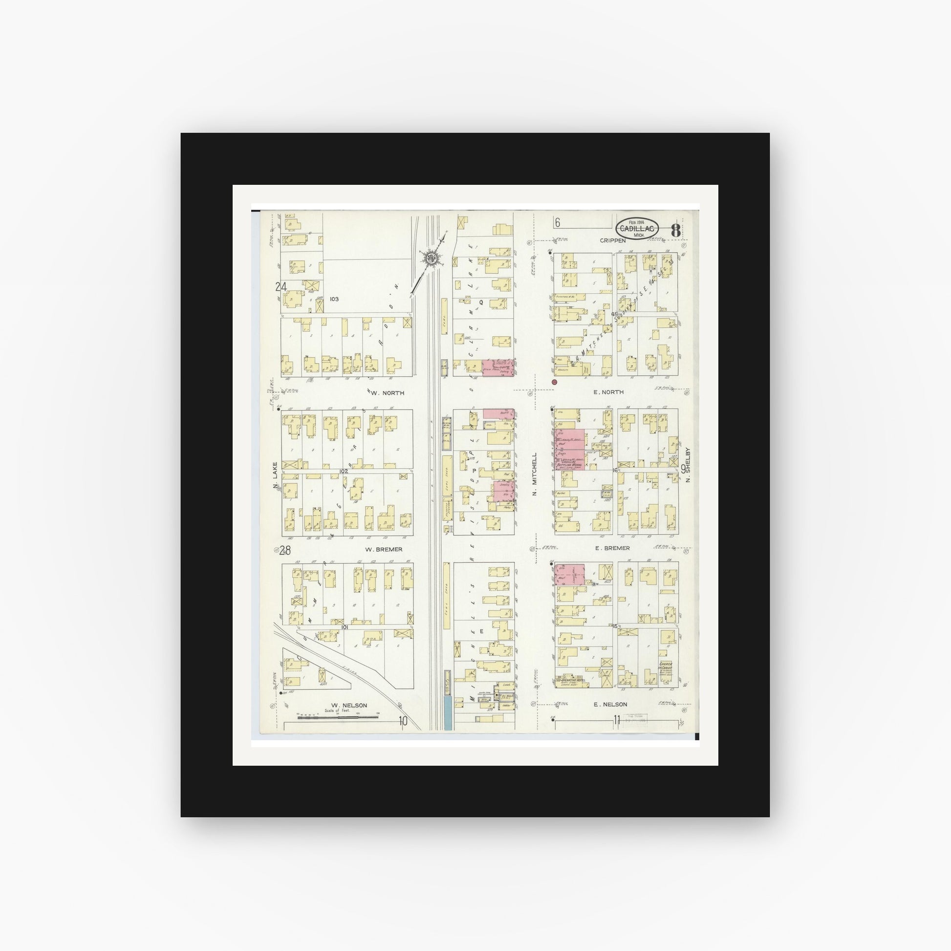 Old map wall art mockup — black gallery frame with white mat — Sanborn Fire Insurance Map from Cadillac, Wexford County, Michigan (1914), Sheet #0008