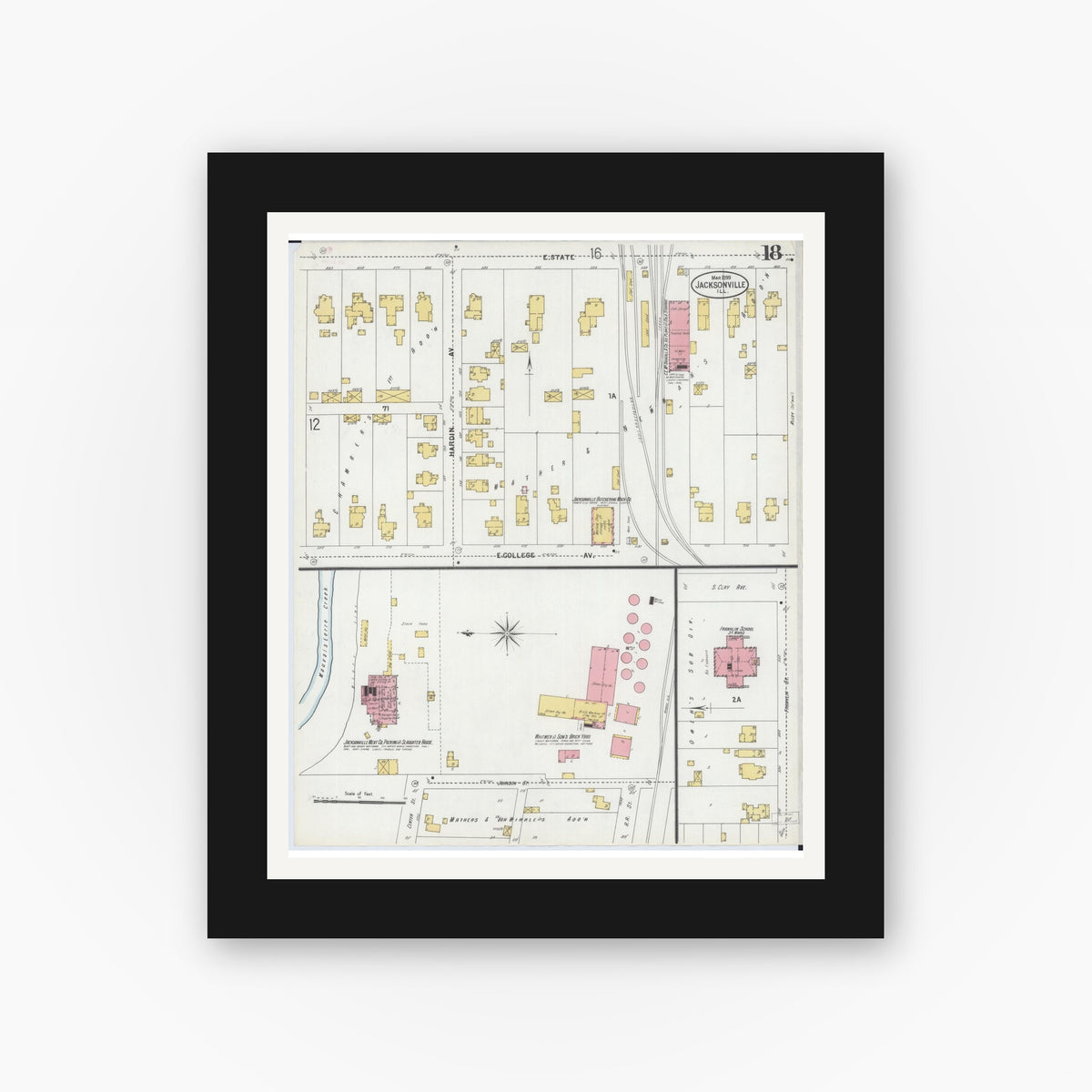Old map wall art mockup — black gallery frame with white mat — Sanborn Fire Insurance Map from Jacksonville, Morgan County, Illinois (1899), Sheet #0018