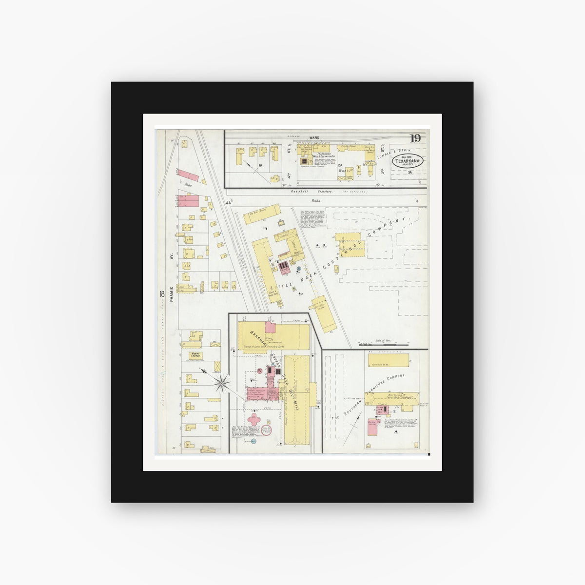 Old map wall art mockup — black gallery frame with white mat — Sanborn Fire Insurance Map from Texarkana, Bowie County, Texas (1900), Sheet #0019