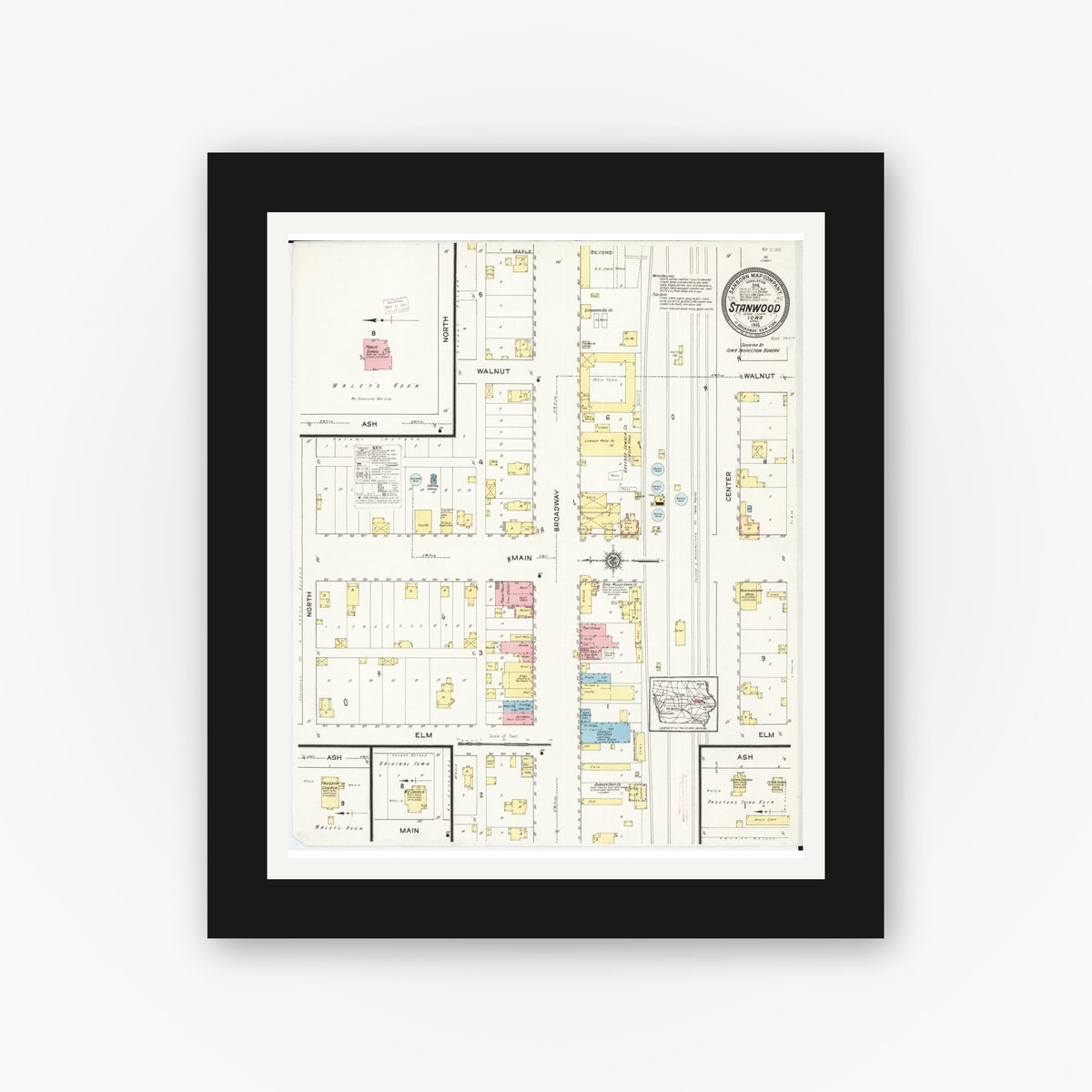 Old map wall art mockup — black gallery frame with white mat — Sanborn Fire Insurance Map from Stanwood, Cedar County, Iowa (1915), Sheet #0001