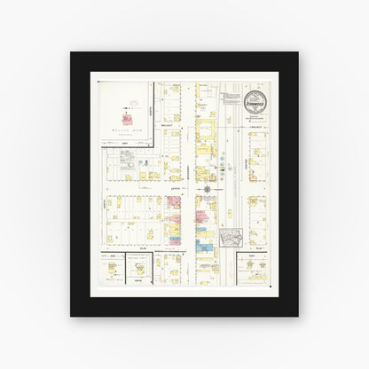 Old map wall art mockup — black gallery frame with white mat — Sanborn Fire Insurance Map from Stanwood, Cedar County, Iowa (1915), Sheet #0001