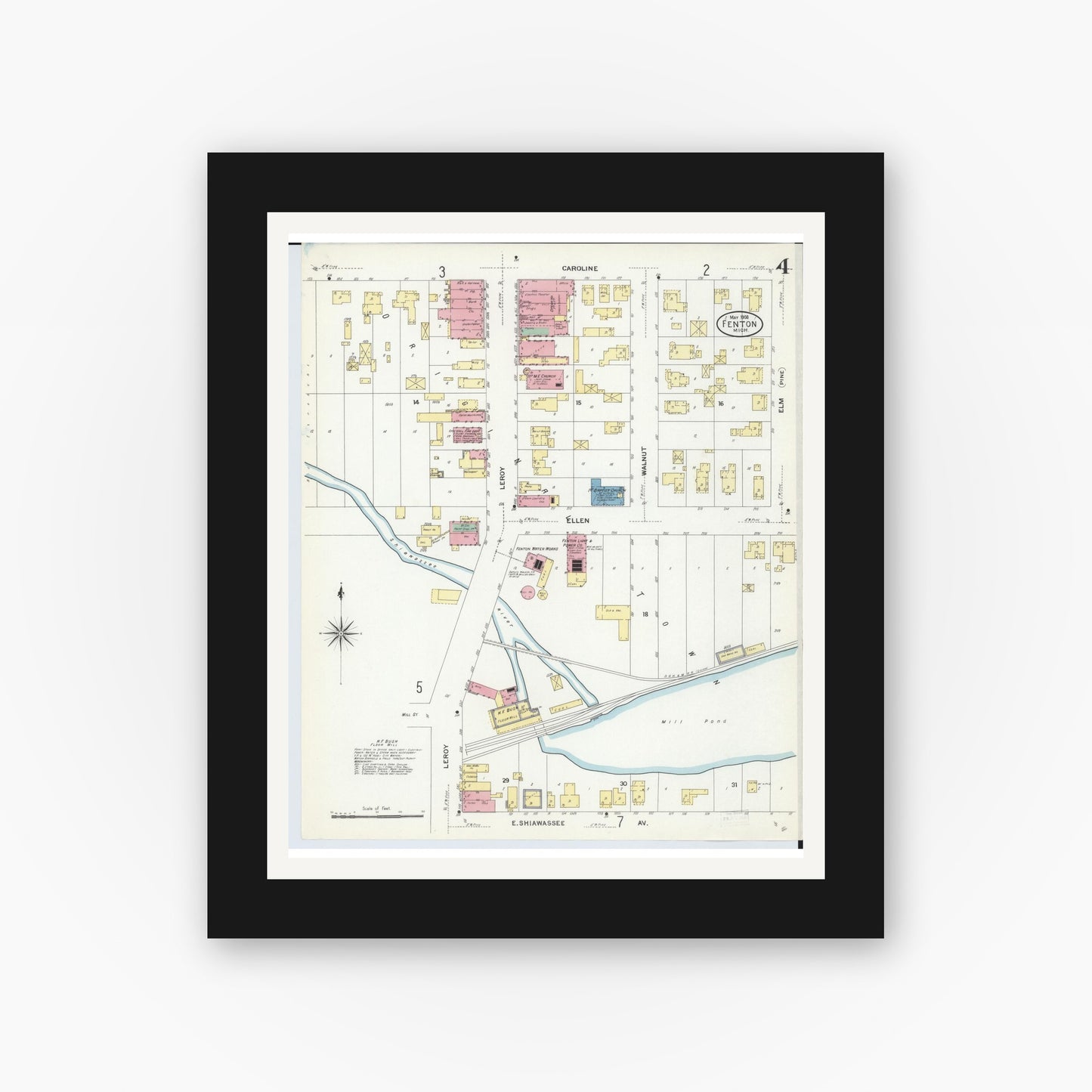 Old map wall art mockup — black gallery frame with white mat — Sanborn Fire Insurance Map from Fenton, Genesee County, Michigan (1908), Sheet #0004