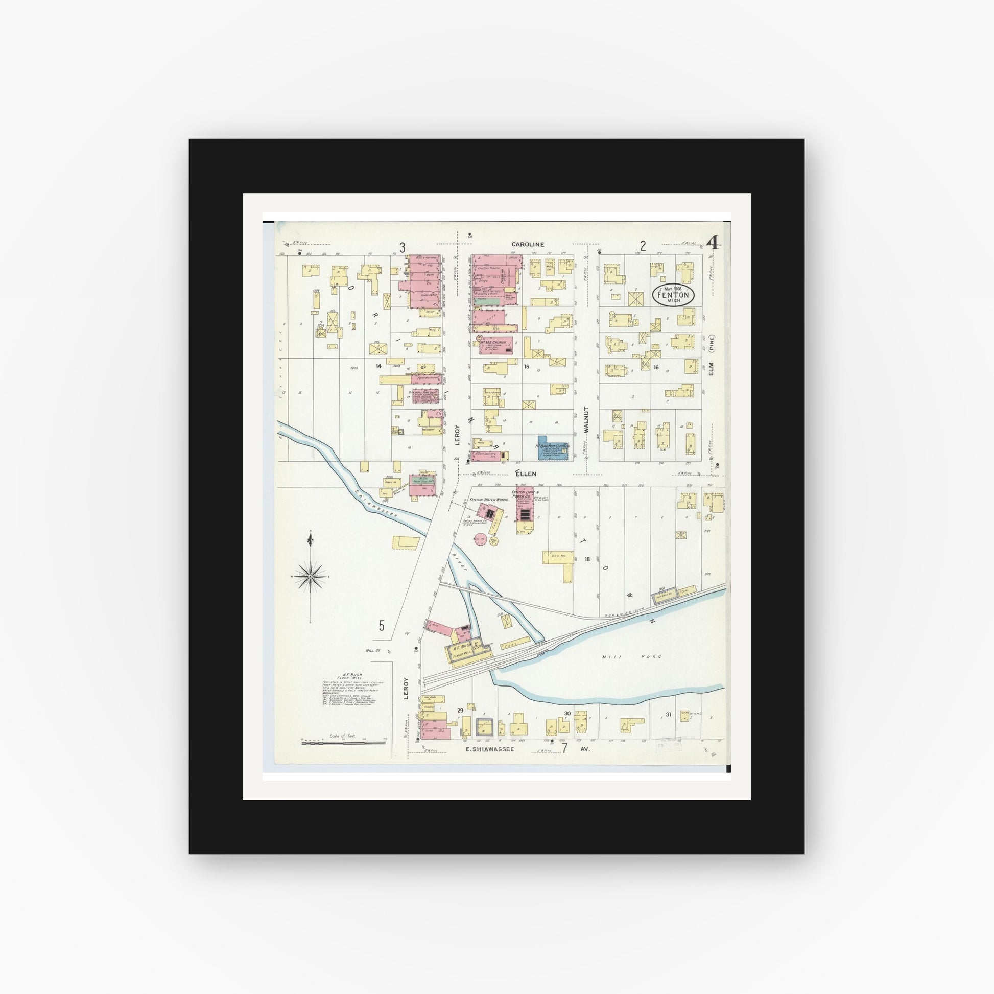 Old map wall art mockup — black gallery frame with white mat — Sanborn Fire Insurance Map from Fenton, Genesee County, Michigan (1908), Sheet #0004