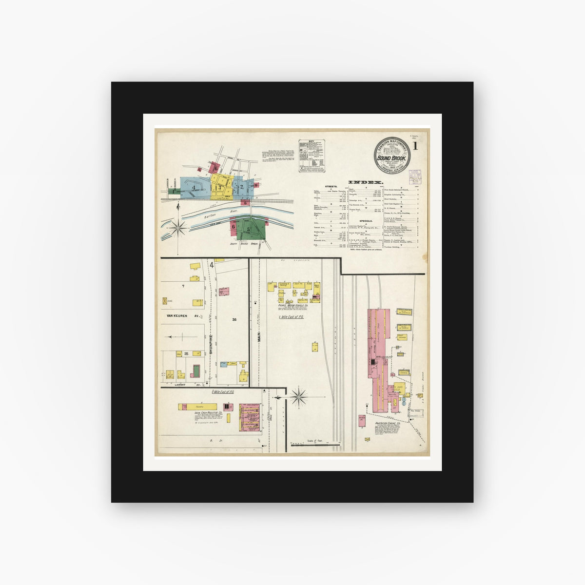 Old map wall art mockup — black gallery frame with white mat — Sanborn Fire Insurance Map from Bound Brook, Somerset County, New Jersey (1902), Sheet #0001