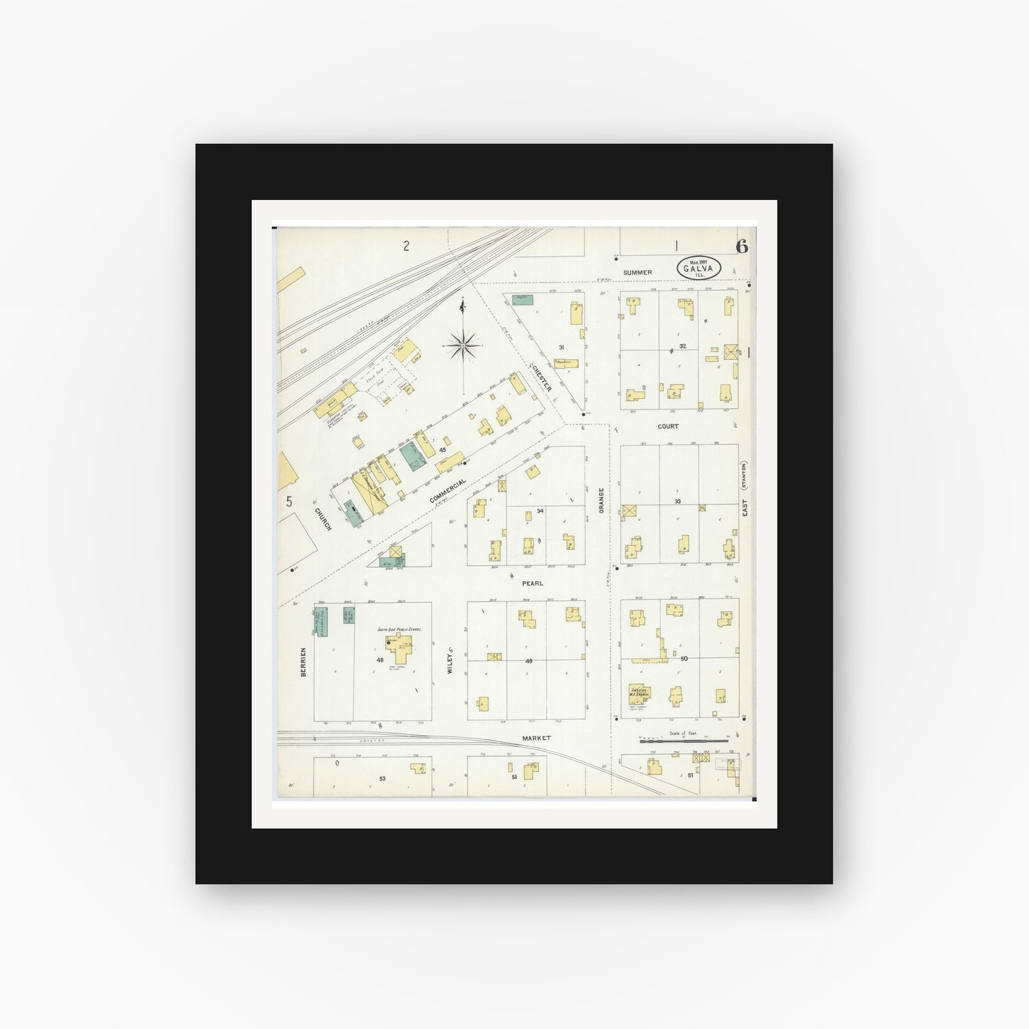 Old map wall art mockup — black gallery frame with white mat — Sanborn Fire Insurance Map from Galva, Henry County, Illinois (1907), Sheet #0006