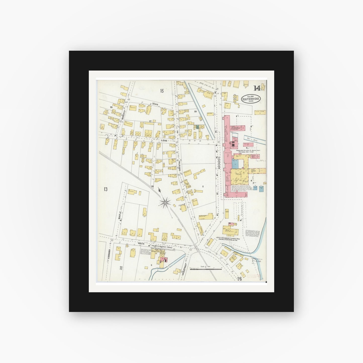 Old map wall art mockup — black gallery frame with white mat — Sanborn Fire Insurance Map from Southbridge, Worcester County, Massachusetts (1904), Sheet #0014