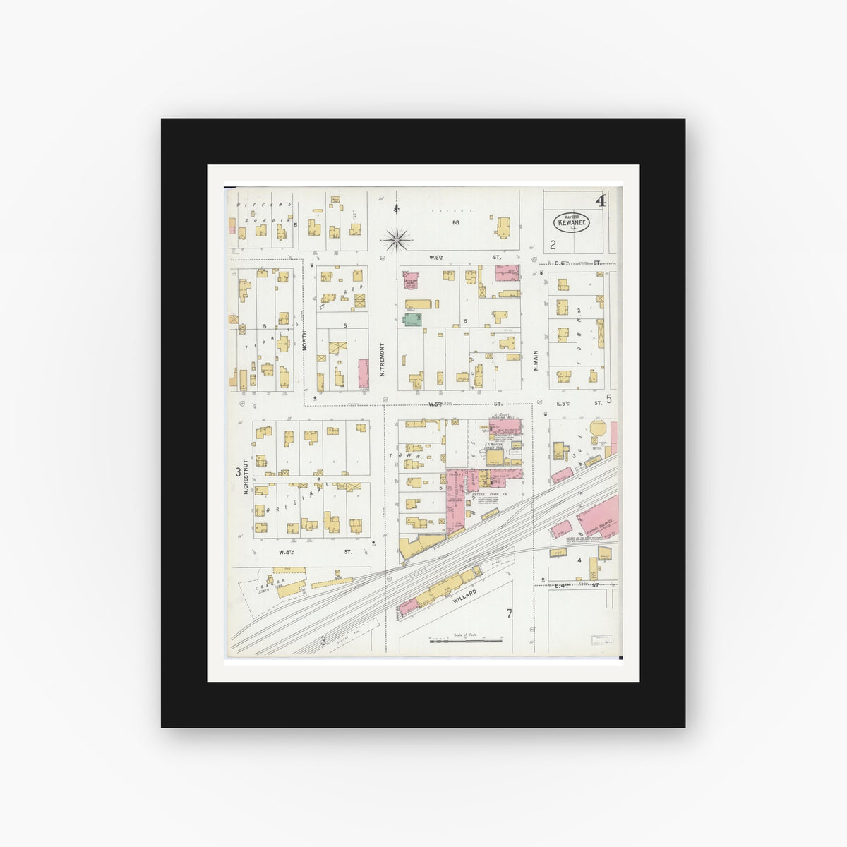 Old map wall art mockup — black gallery frame with white mat — Sanborn Fire Insurance Map from Kewanee, Henry County, Illinois (1899), Sheet #0004