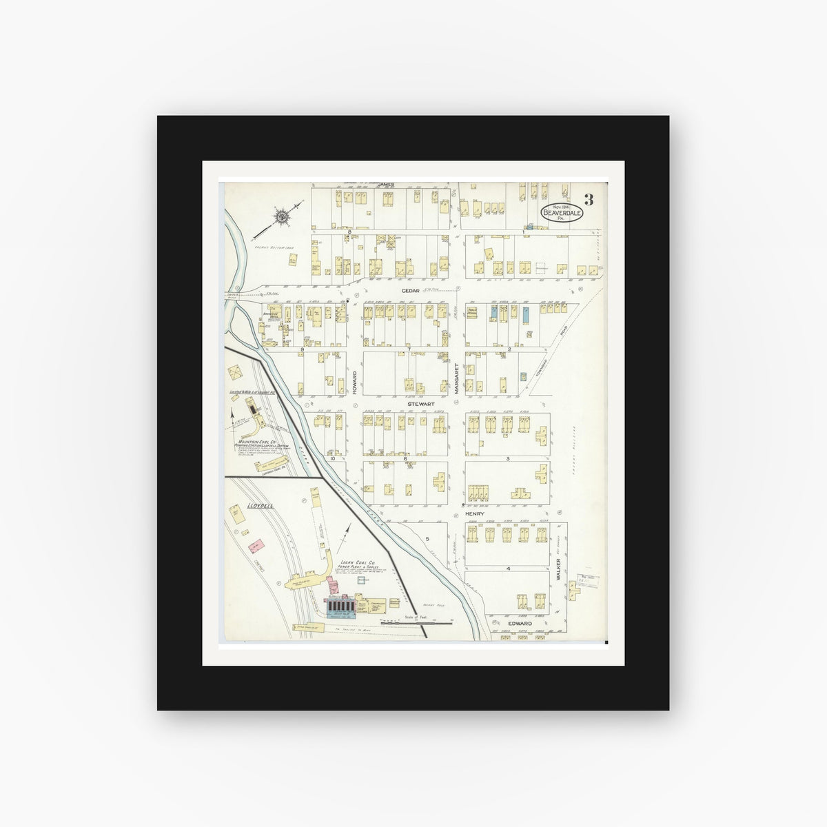 Old map wall art mockup — black gallery frame with white mat — Sanborn Fire Insurance Map from Beaverdale, Cambria County, Pennsylvania (1914), Sheet #0003