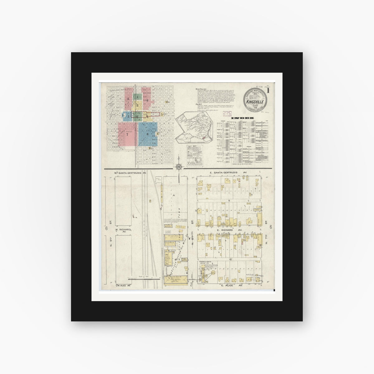 Old map wall art mockup — black gallery frame with white mat — Sanborn Fire Insurance Map from Kingsville, Kleberg County, Texas (1915), Sheet #0001