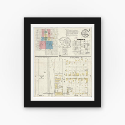 Old map wall art mockup — black gallery frame with white mat — Sanborn Fire Insurance Map from Kingsville, Kleberg County, Texas (1915), Sheet #0001