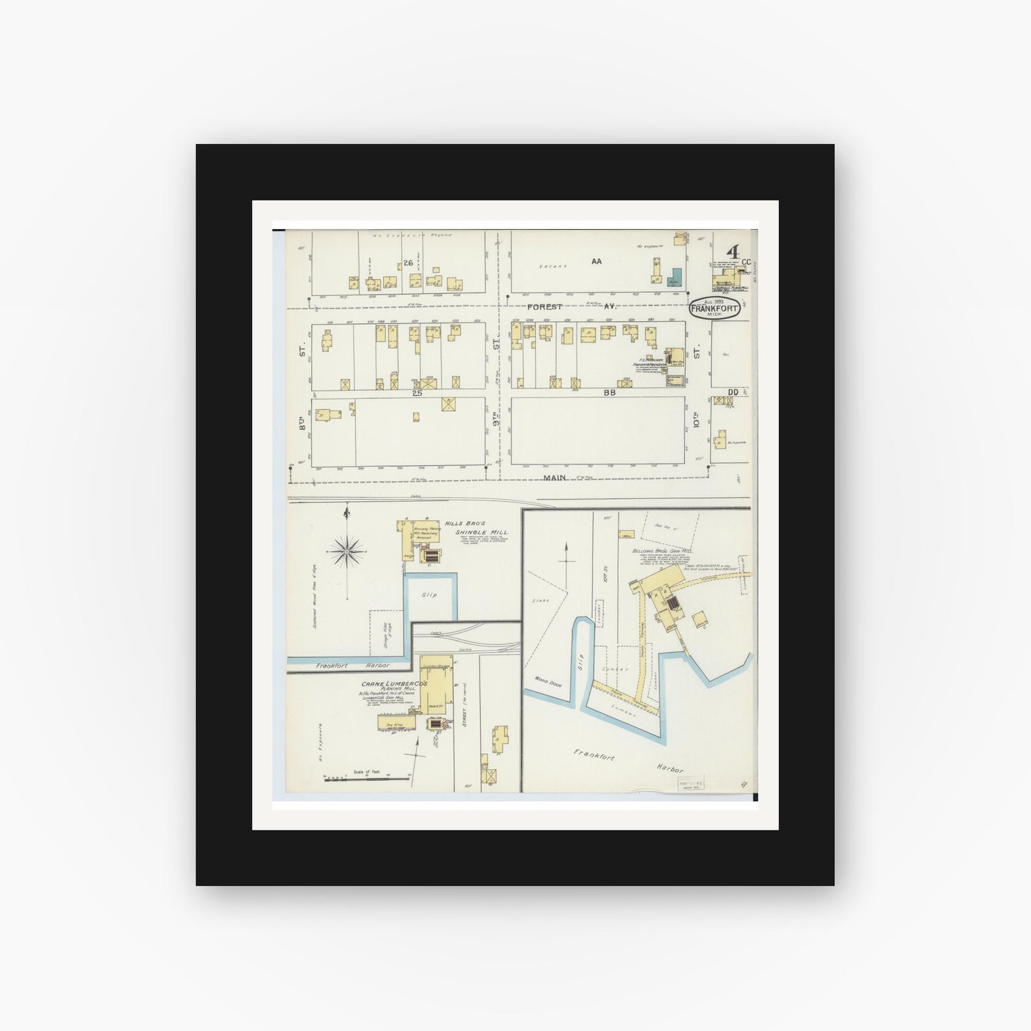 Old map wall art mockup — black gallery frame with white mat — Sanborn Fire Insurance Map from Frankfort, Benzie County, Michigan (1893), Sheet #0004
