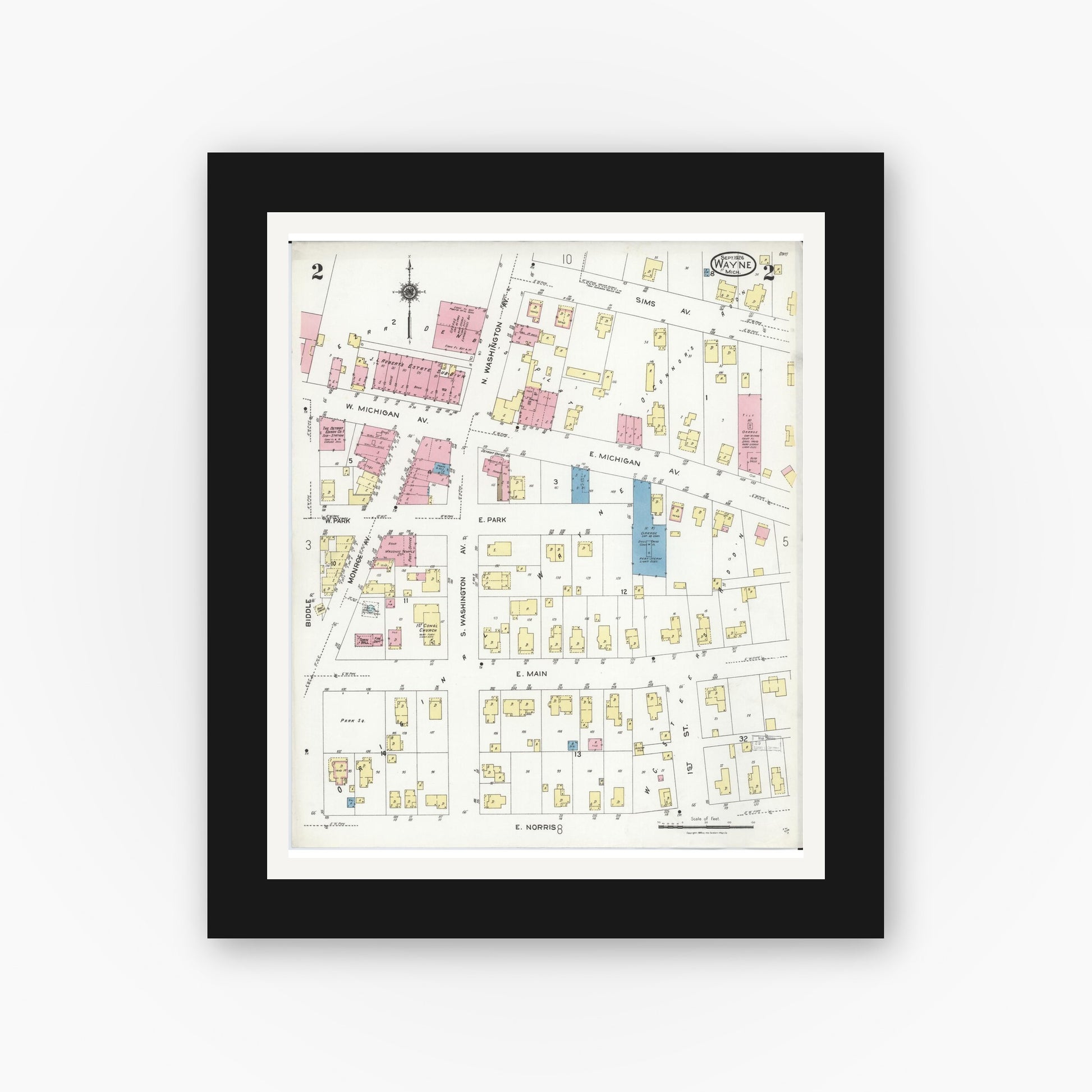 Old map wall art mockup — black gallery frame with white mat — Sanborn Fire Insurance Map from Wayne, Wayne County, Michigan (1926), Sheet #0002