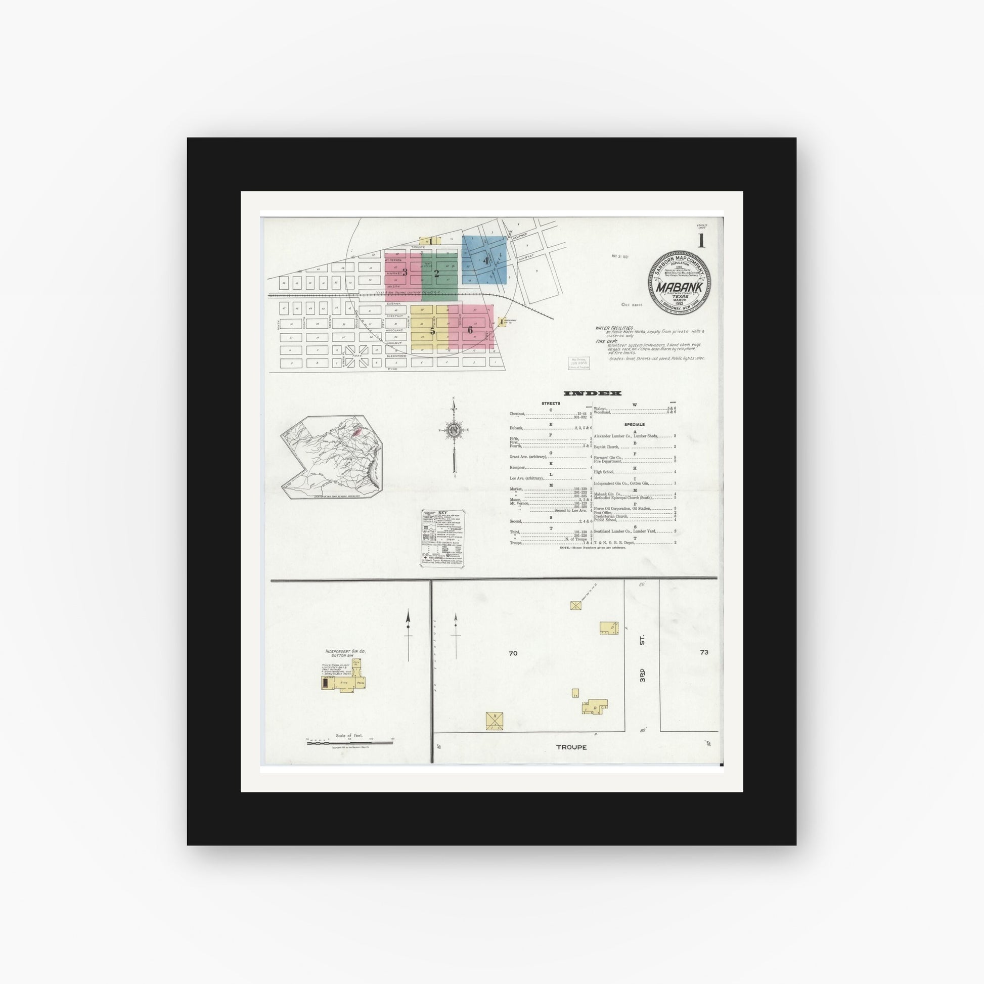 Old map wall art mockup — black gallery frame with white mat — Sanborn Fire Insurance Map from Mabank, Kaufman County, Texas (1921) - Complete Map Set
