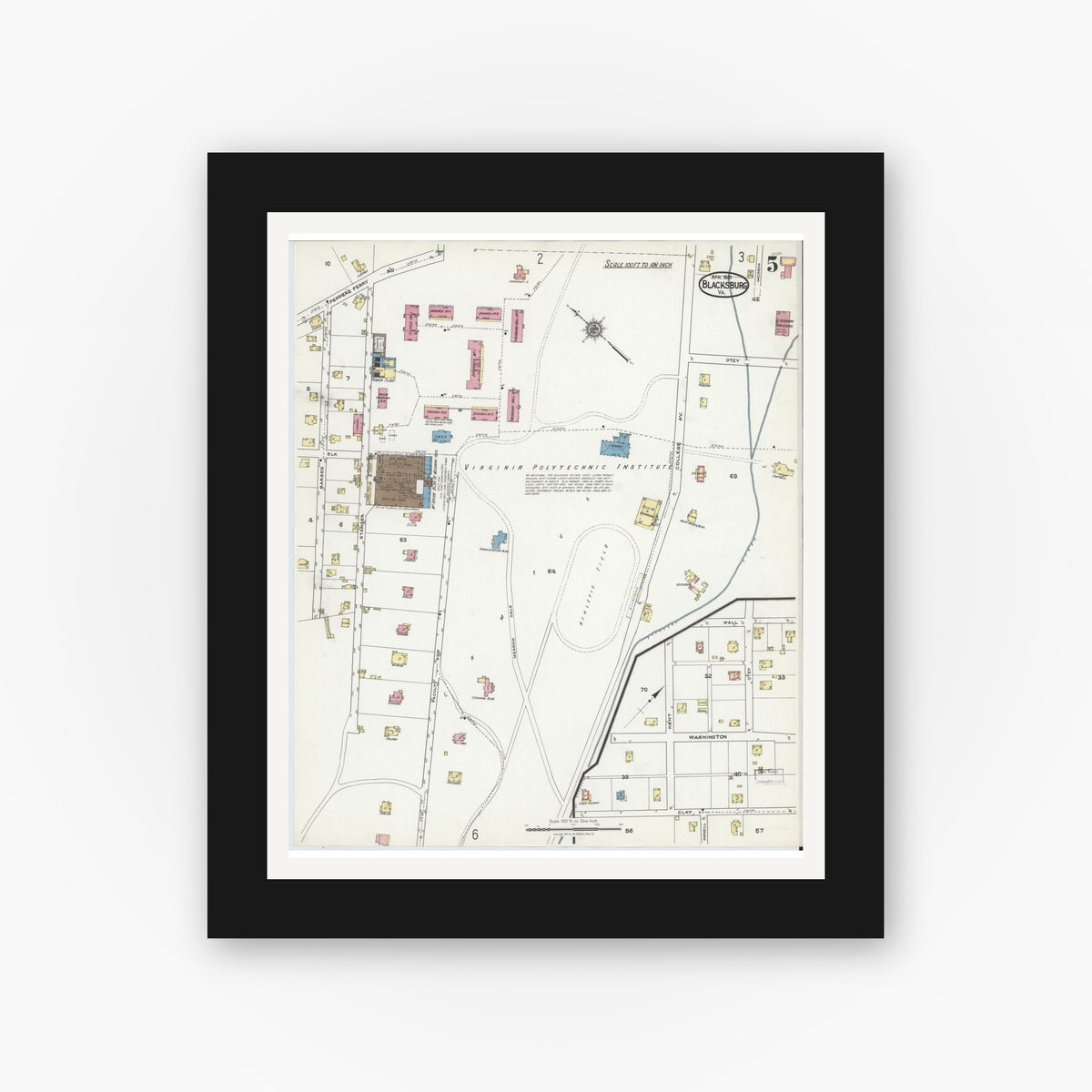 Old map wall art mockup — black gallery frame with white mat — Sanborn Fire Insurance Map from Blacksburg, Montgomery County, Virginia (1921), Sheet #0005