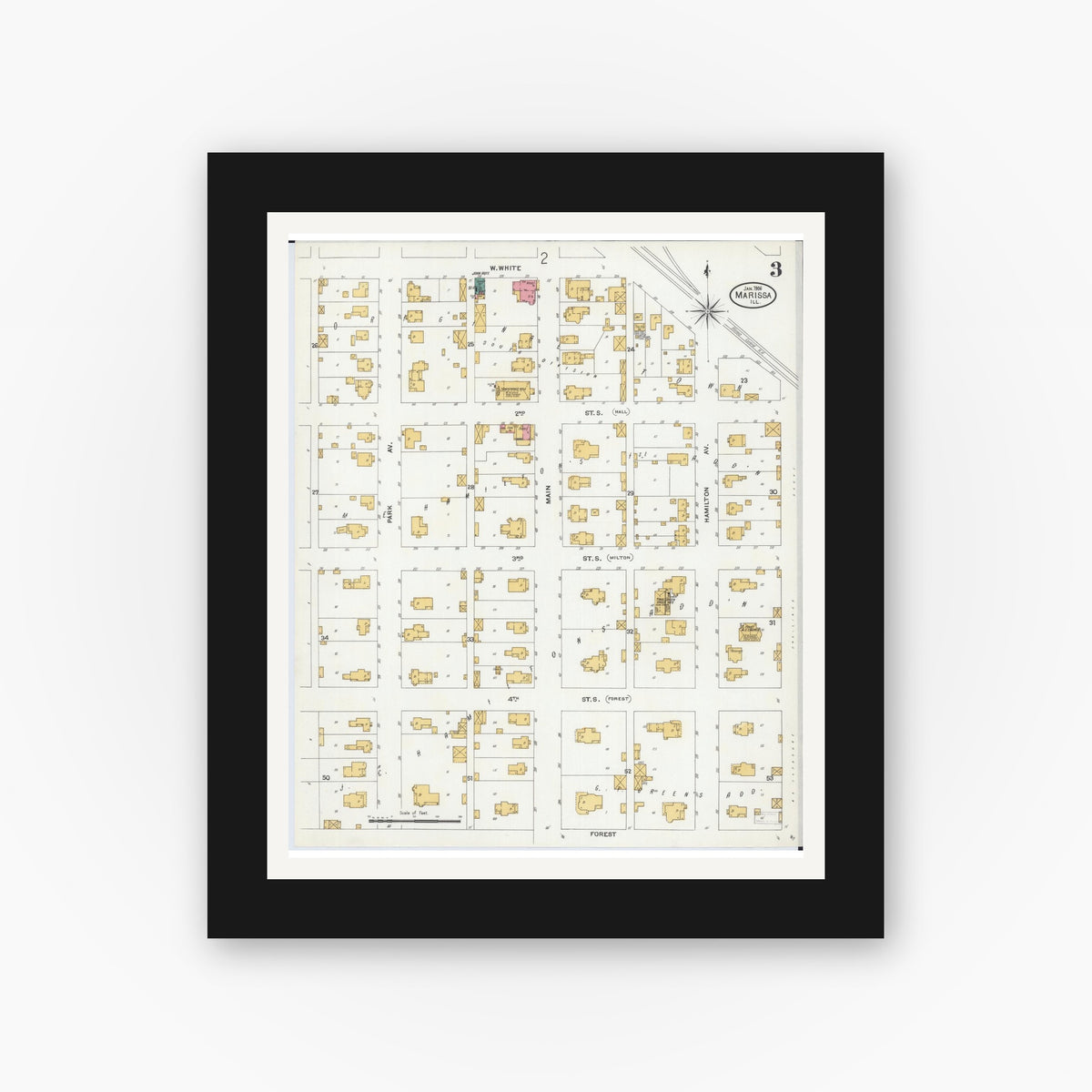 Old map wall art mockup — black gallery frame with white mat — Sanborn Fire Insurance Map from Marissa, Saint Clair County, Illinois (1906), Sheet #0003